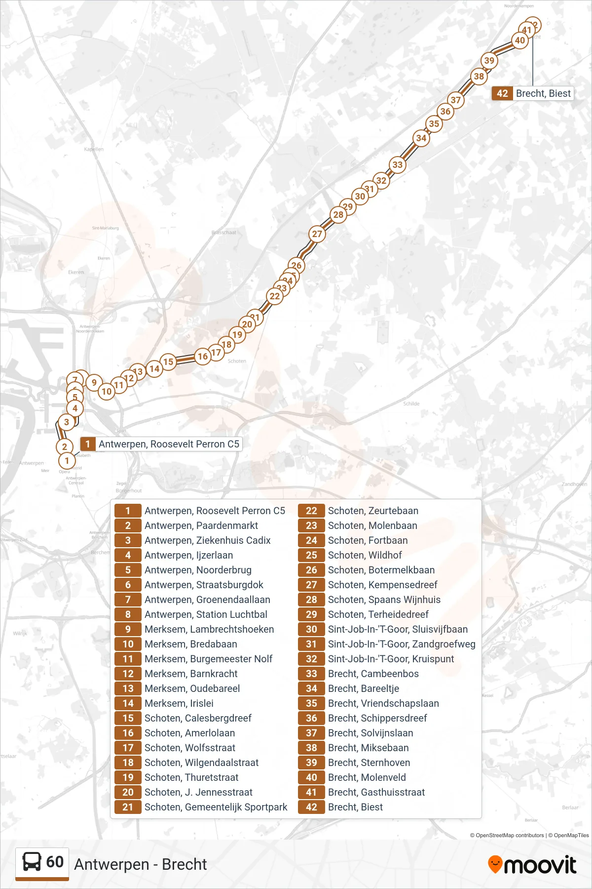 60 bus Line (Brecht Biest) route and stops on a map