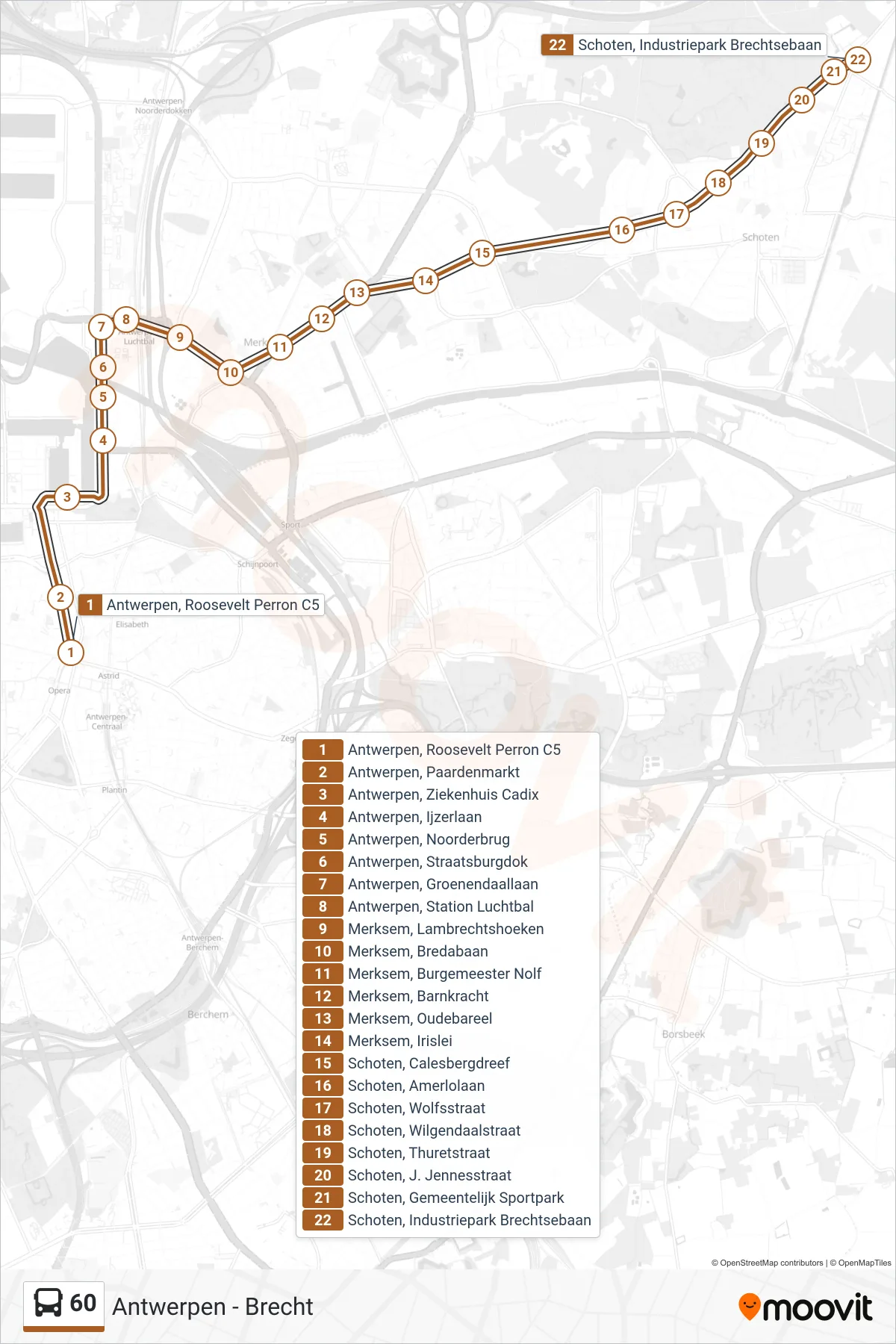 Lijn 60 (bus, Schoten Industriepark Brechtsebaan): route en haltes op de kaart