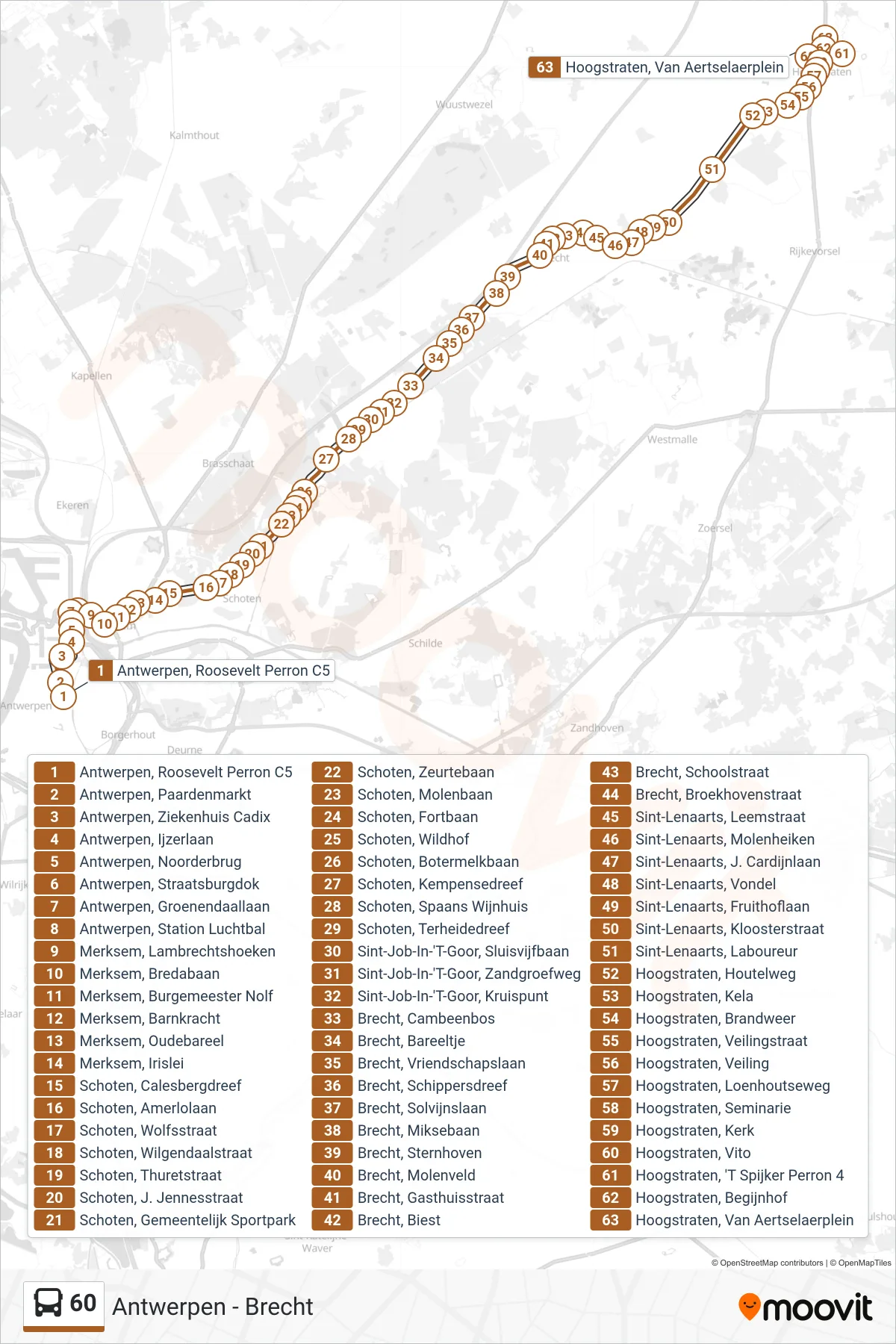 Lijn 60 (bus, Hoogstraten Van Aertselaerplein): route en haltes op de kaart
