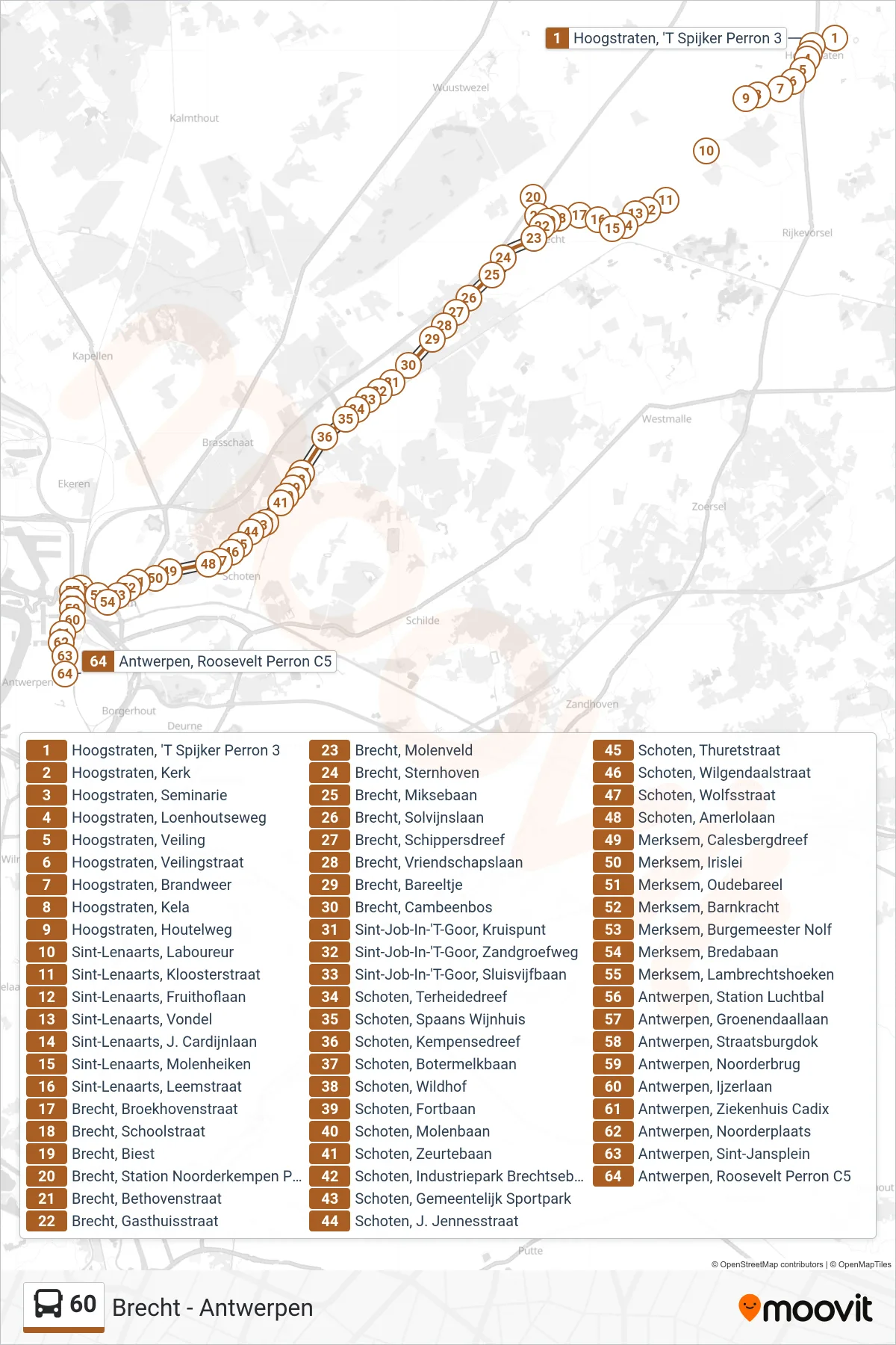 Lijn 60 (bus, Antwerpen Roosevelt Perron C5): route en haltes op de kaart