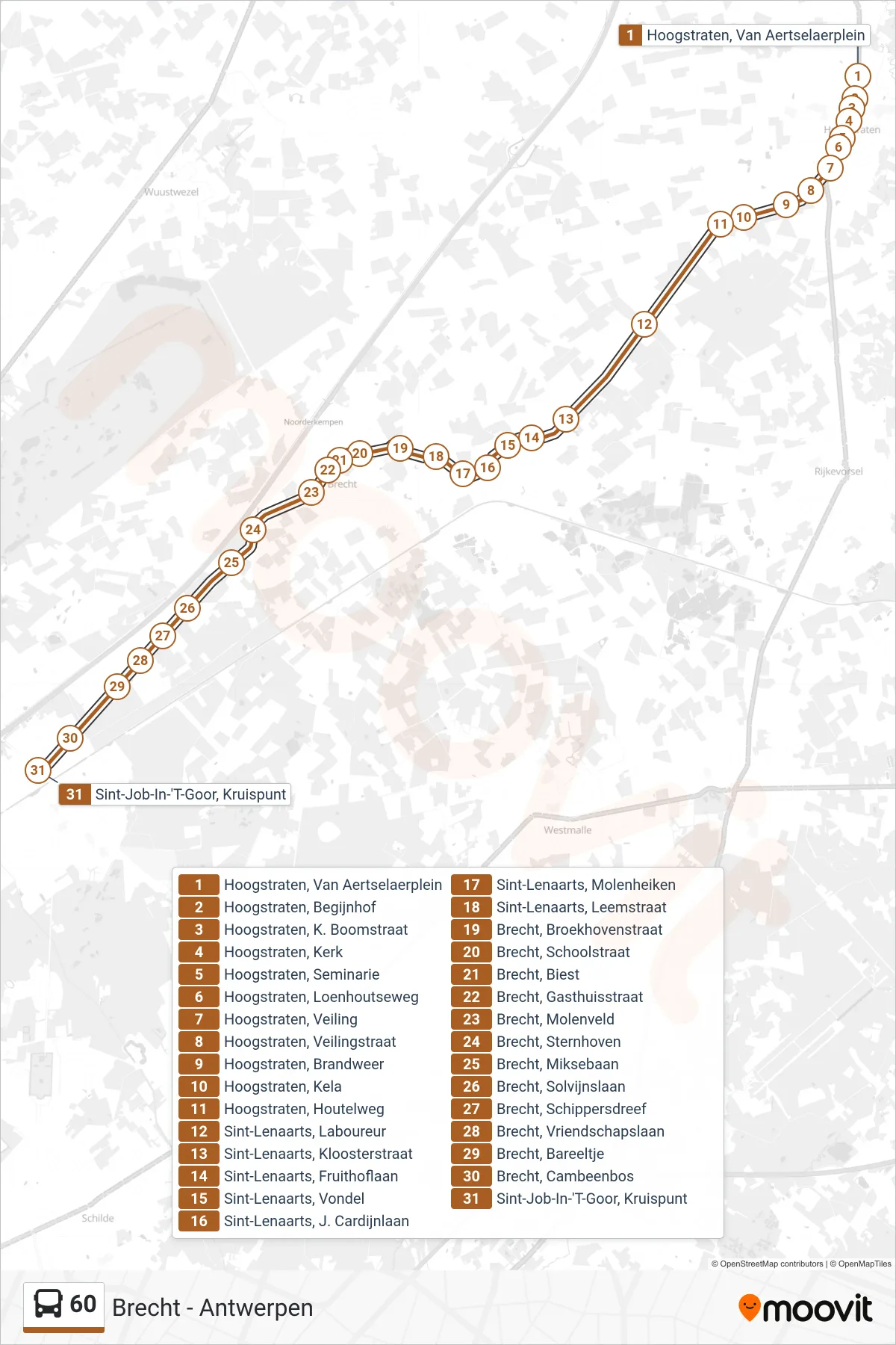 60 bus Line (Sint-Job-In-'T-Goor Kruispunt) route and stops on a map
