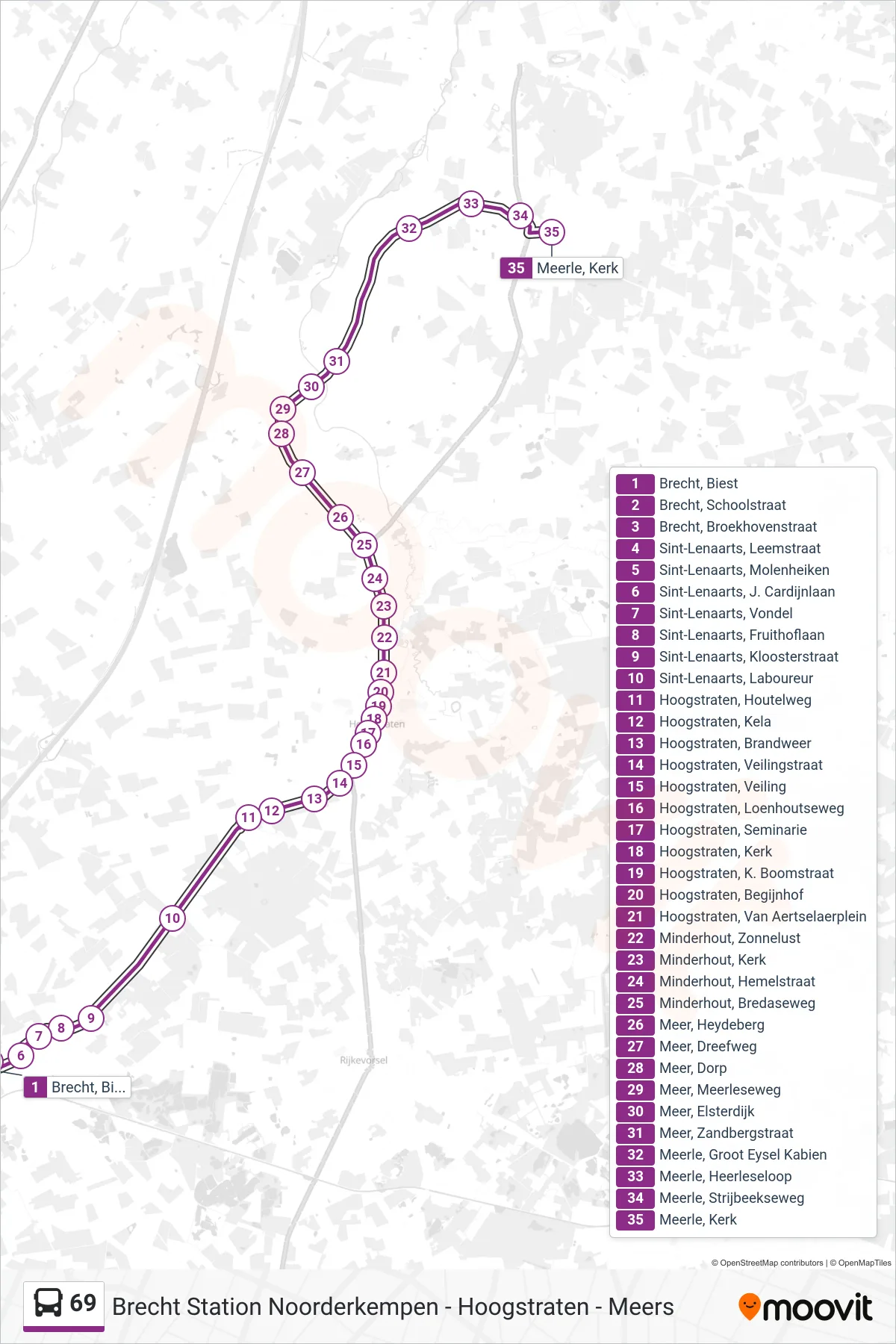 69 bus Line (Meerle Kerk) route and stops on a map
