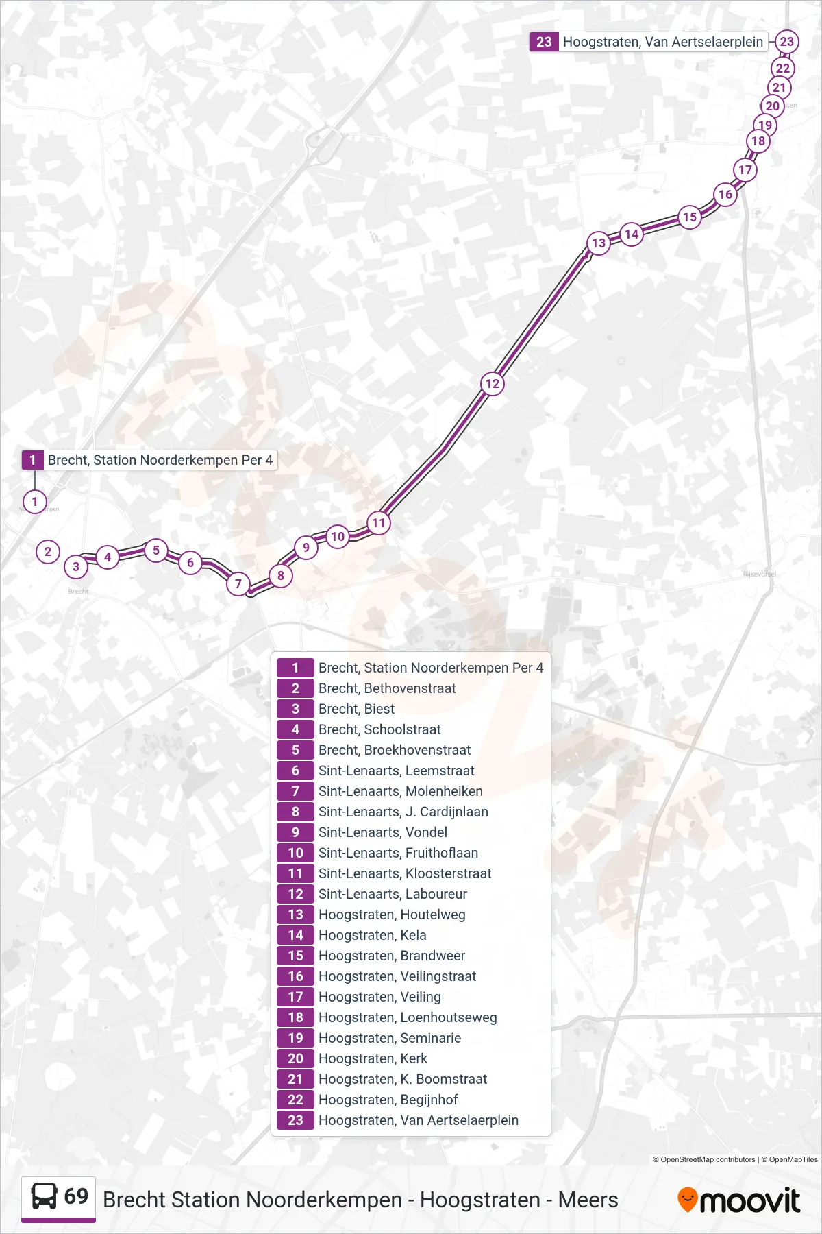 69 bus Line (Hoogstraten Van Aertselaerplein) route and stops on a map