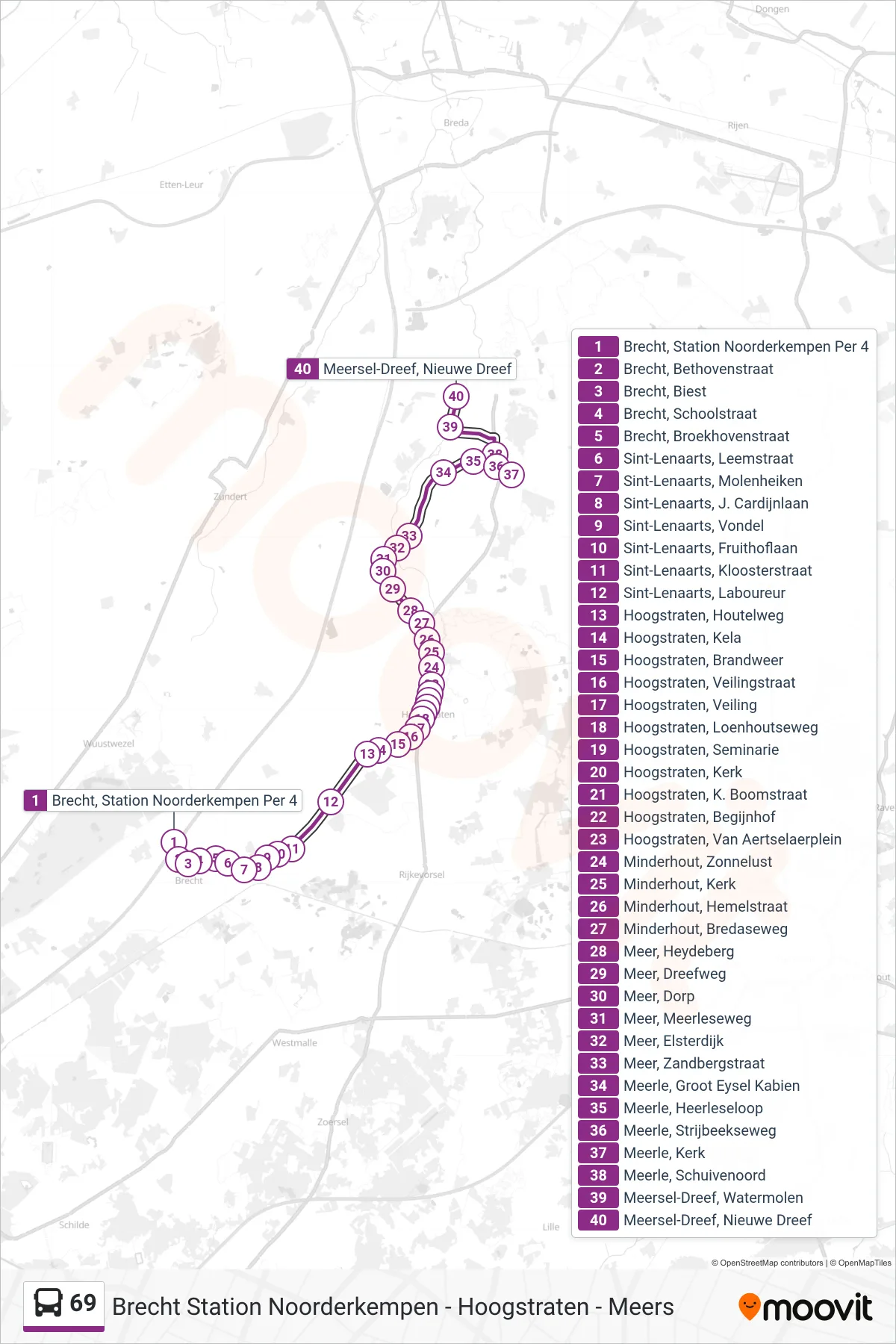 Lijn 69 (bus, Meersel-Dreef Nieuwe Dreef): route en haltes op de kaart