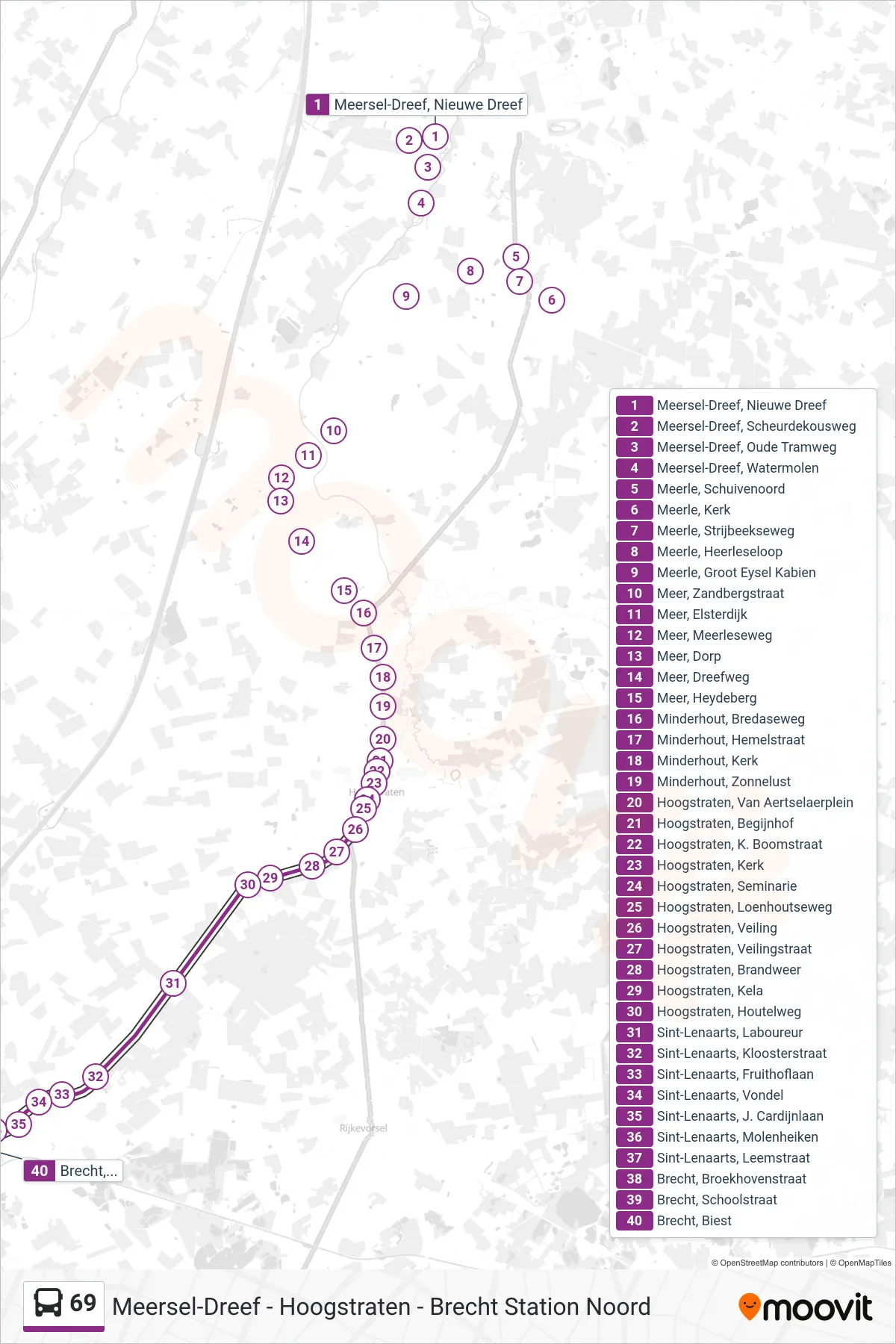 69 bus Line (Brecht Biest) route and stops on a map