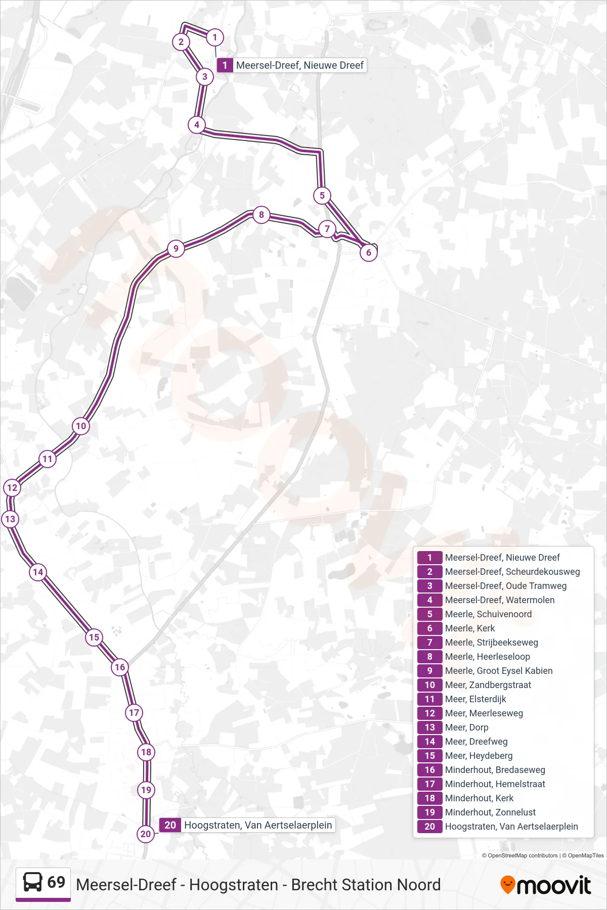 Lijn 69 (bus, Hoogstraten Van Aertselaerplein): route en haltes op de kaart