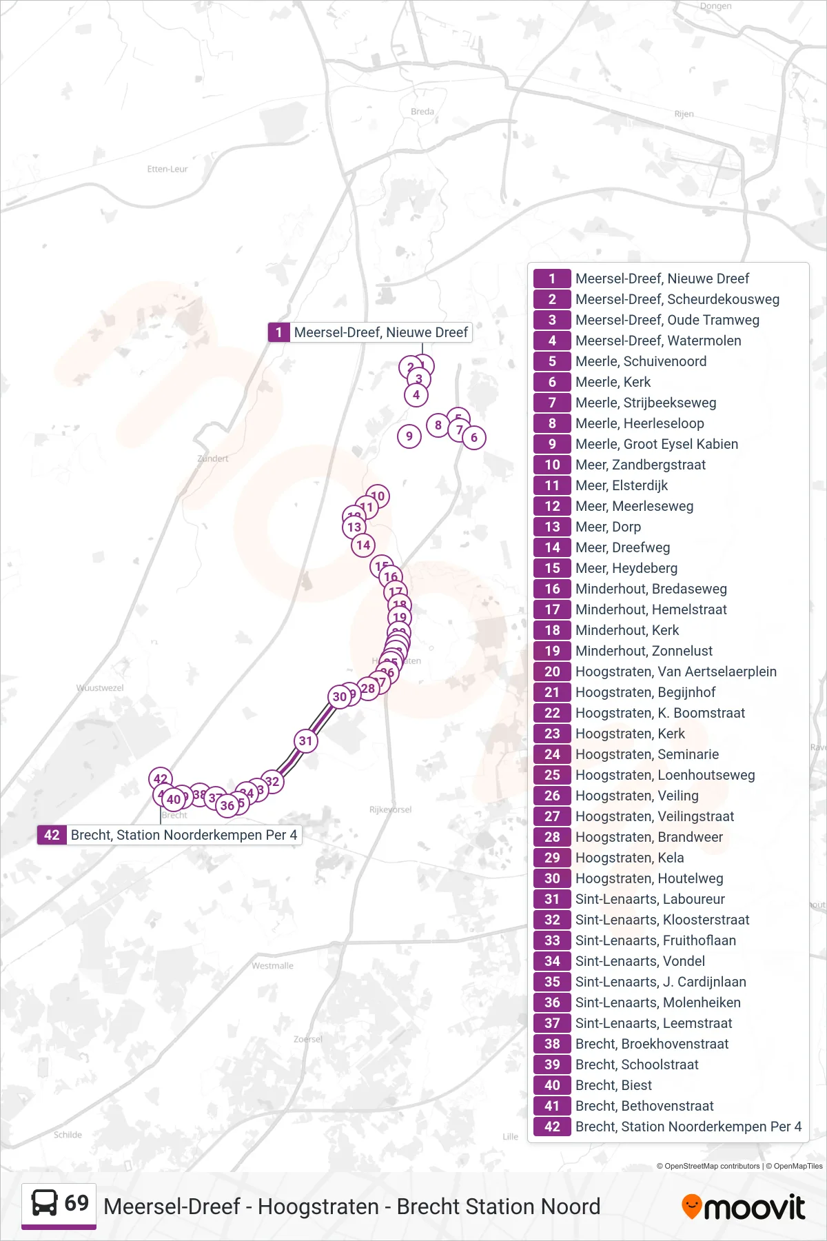 69 bus Line (Brecht Station Noorderkempen Per 4) route and stops on a map
