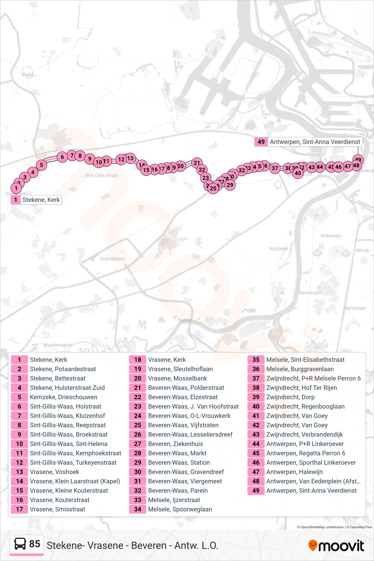 Lijn 85 (bus, Antwerpen Sint-Anna Veerdienst): route en haltes op de kaart
