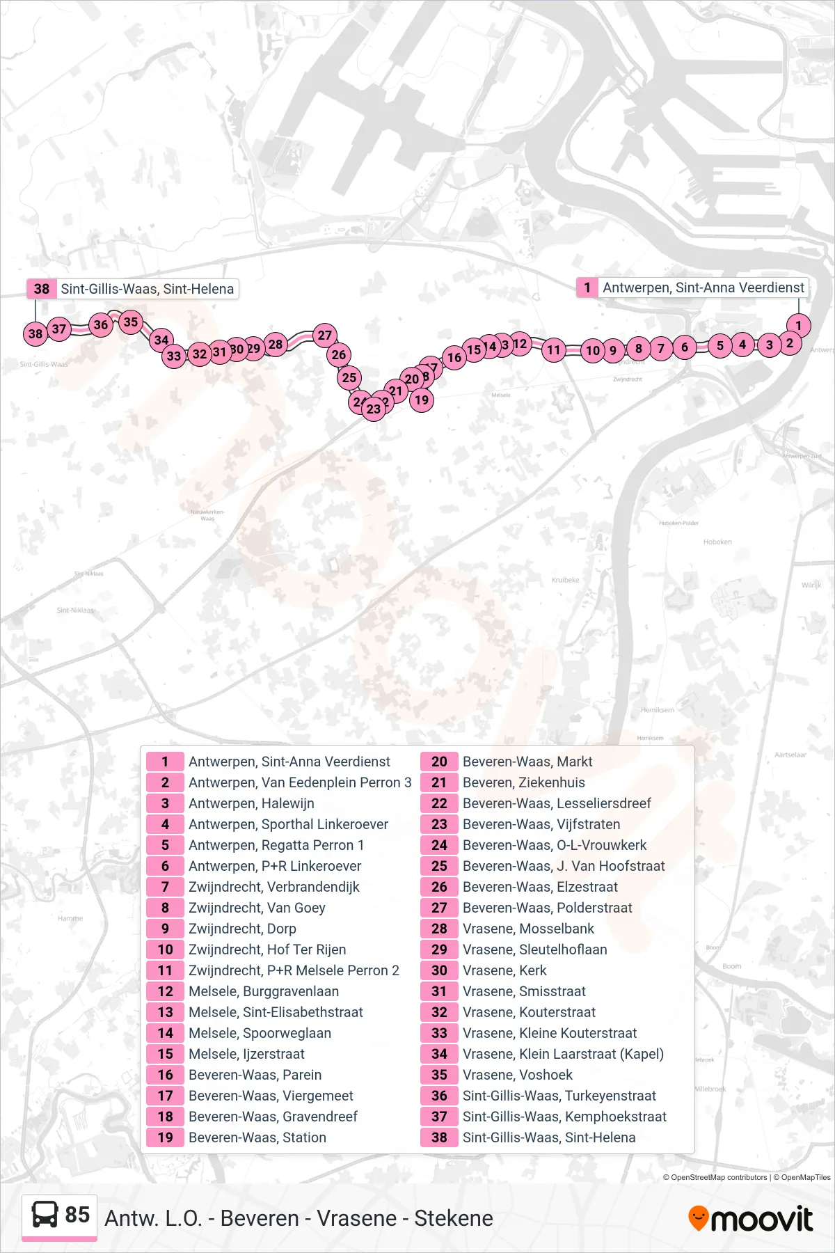 Lijn 85 (bus, Sint-Gillis-Waas Sint-Helena): route en haltes op de kaart
