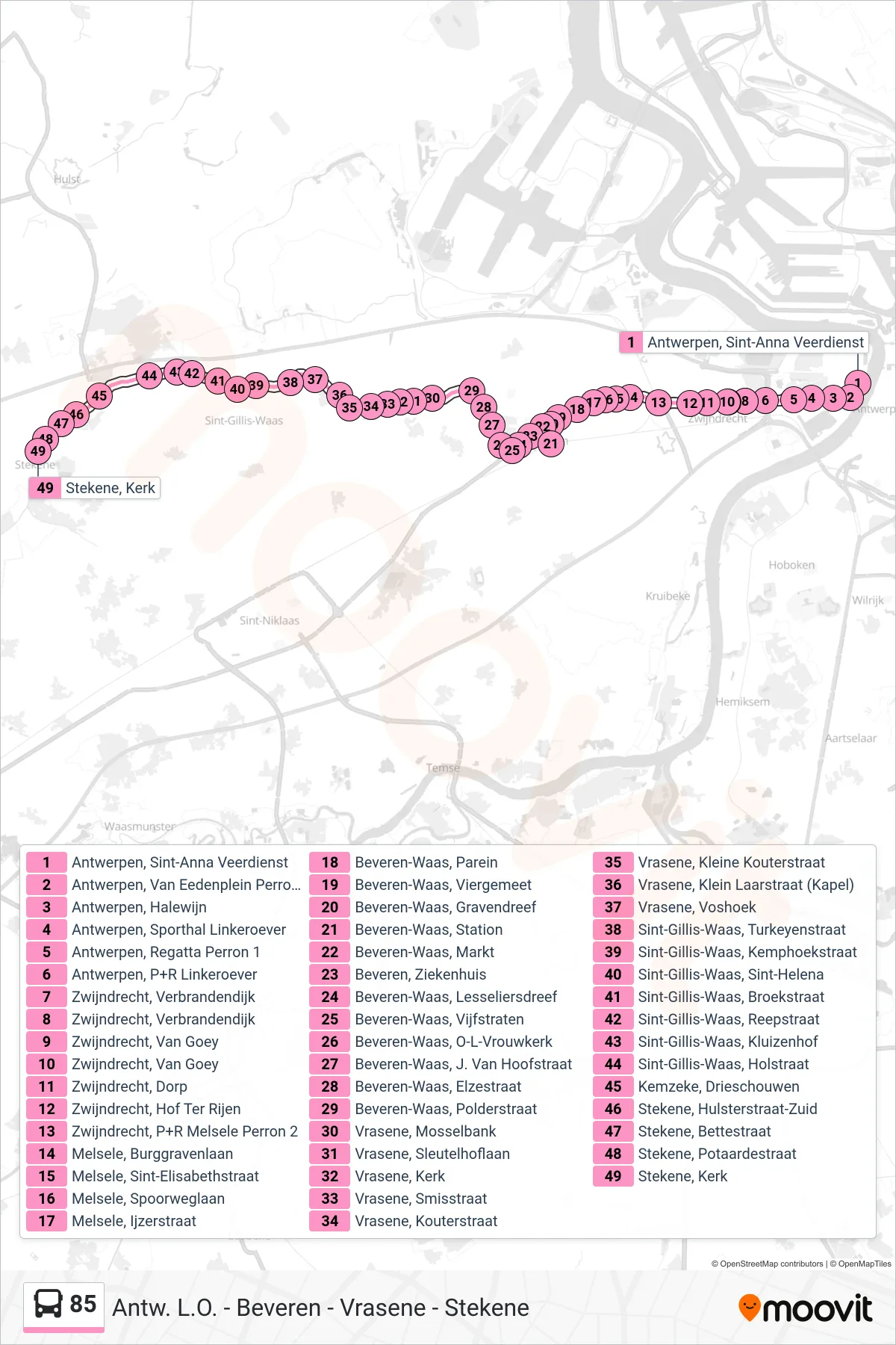 Lijn 85 (bus, Stekene Kerk): route en haltes op de kaart
