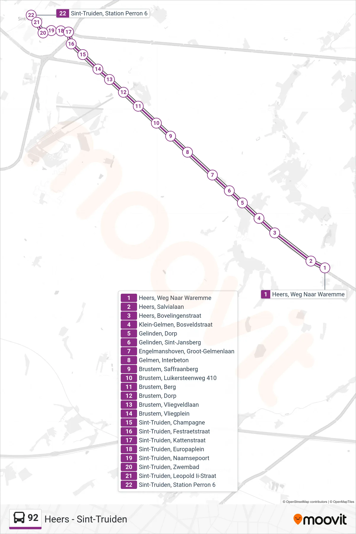 Lijn 92 (bus, Sint-Truiden Station Perron 6): route en haltes op de kaart