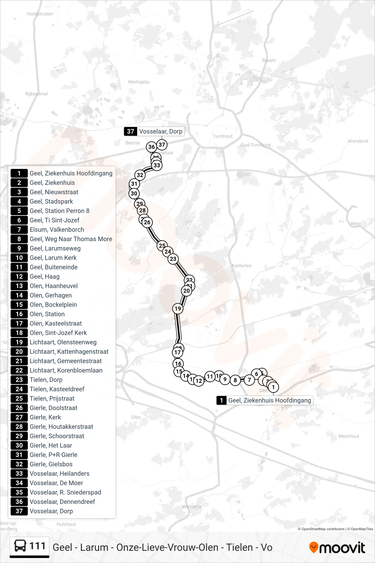 Lijn 111 (bus, Vosselaar Dorp): route en haltes op de kaart