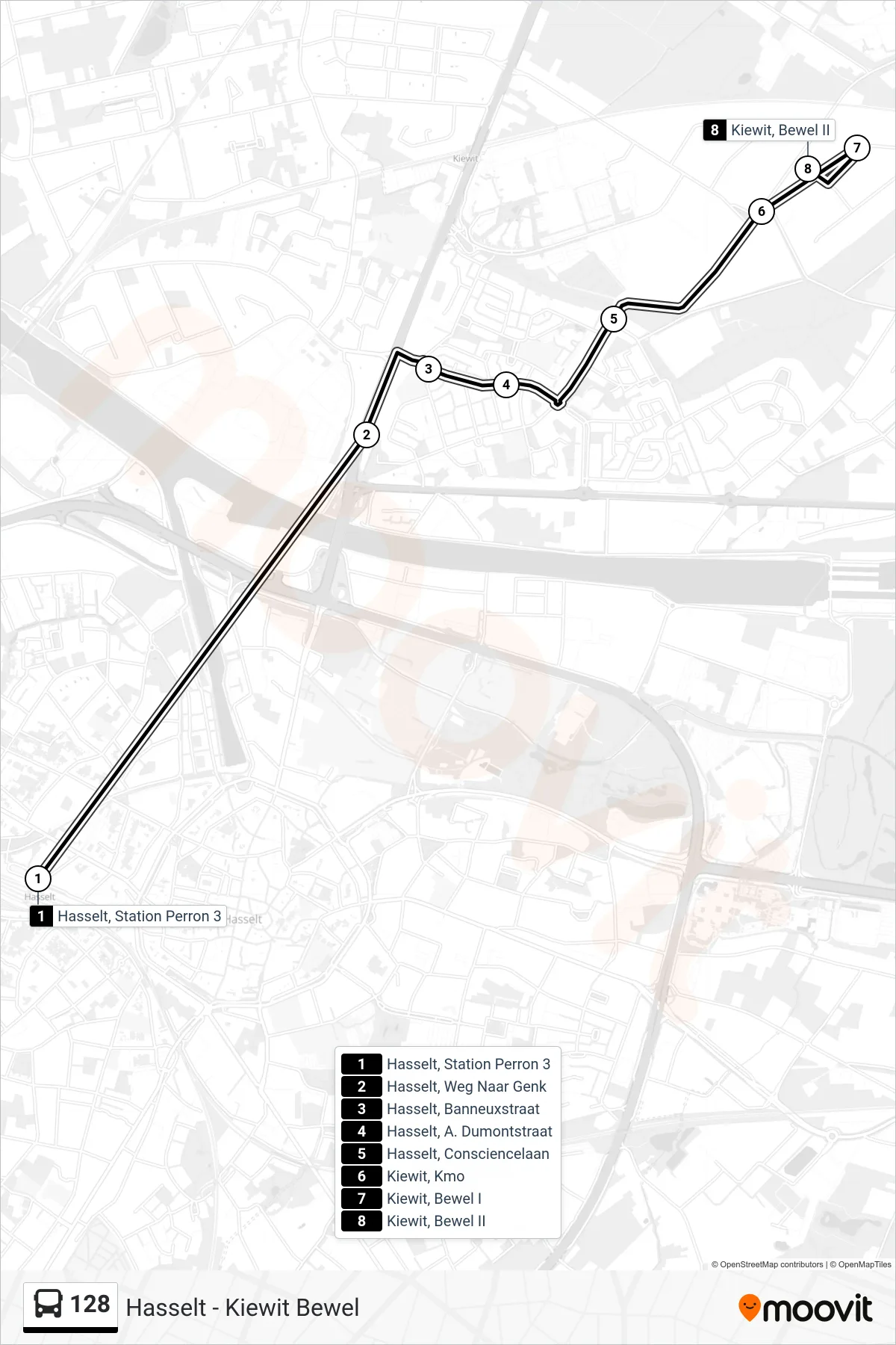 Lijn 128 (bus, Kiewit Bewel II): route en haltes op de kaart