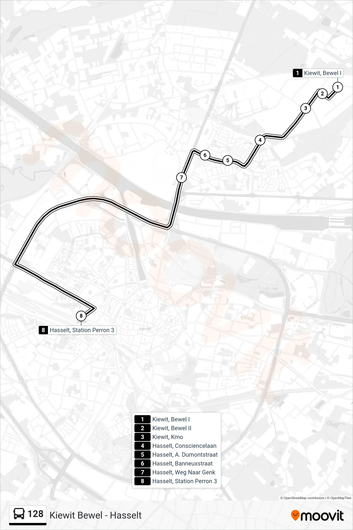 Lijn 128 (bus, Hasselt Station Perron 3): route en haltes op de kaart