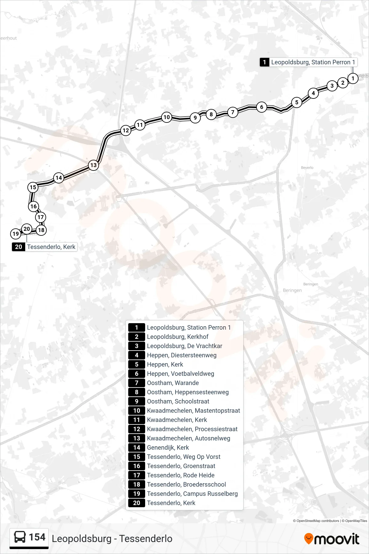 Lijn 154 (bus, Tessenderlo Kerk): route en haltes op de kaart
