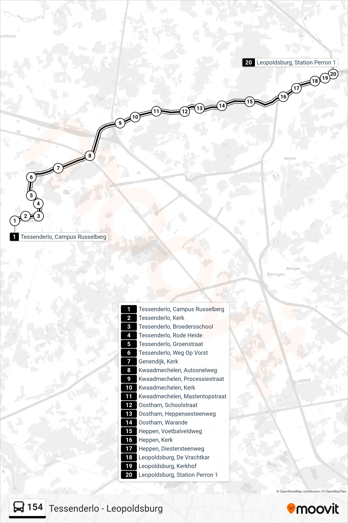 Lijn 154 (bus, Leopoldsburg Station Perron 1): route en haltes op de kaart