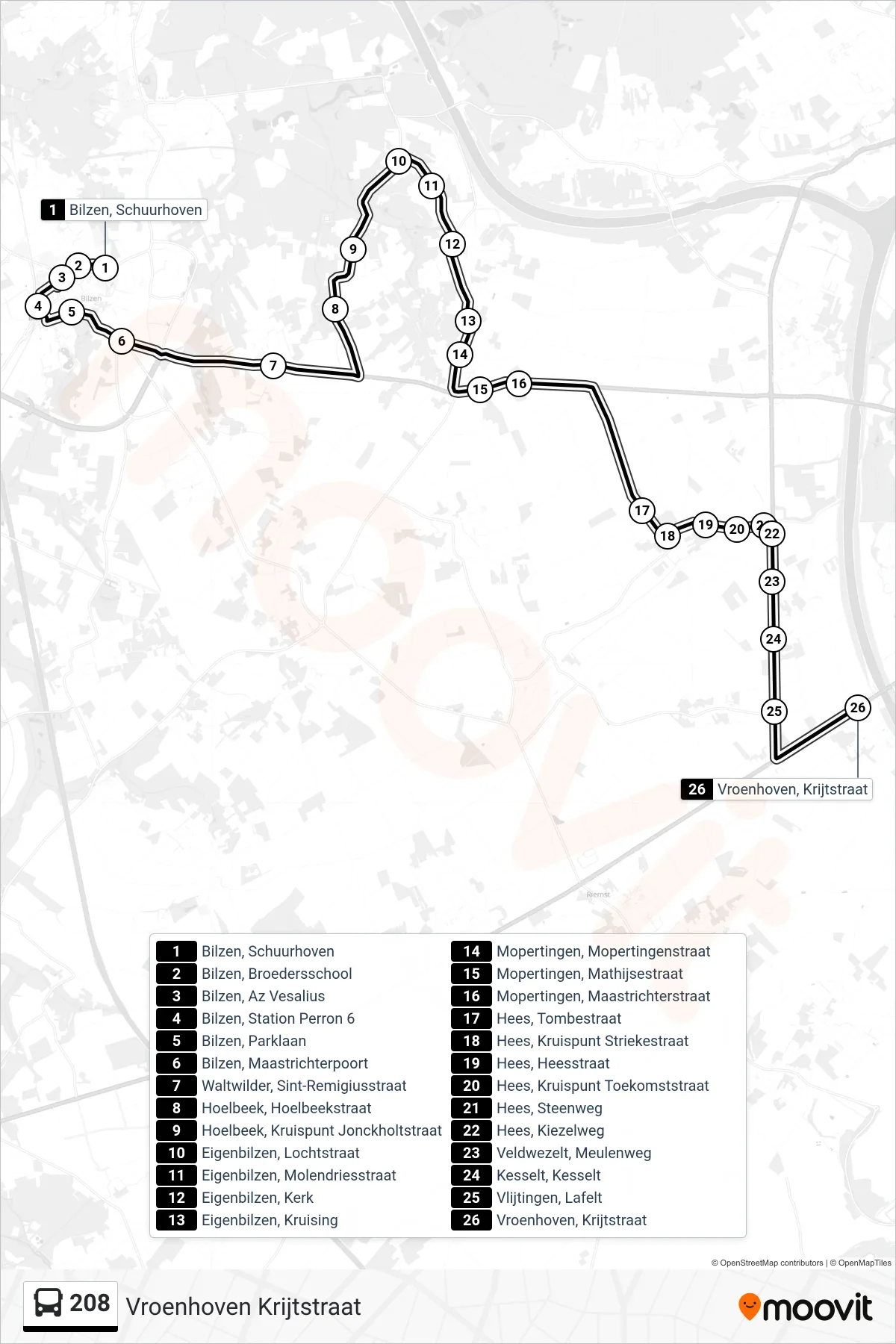 Lijn 208 (bus, Vroenhoven Krijtstraat): route en haltes op de kaart