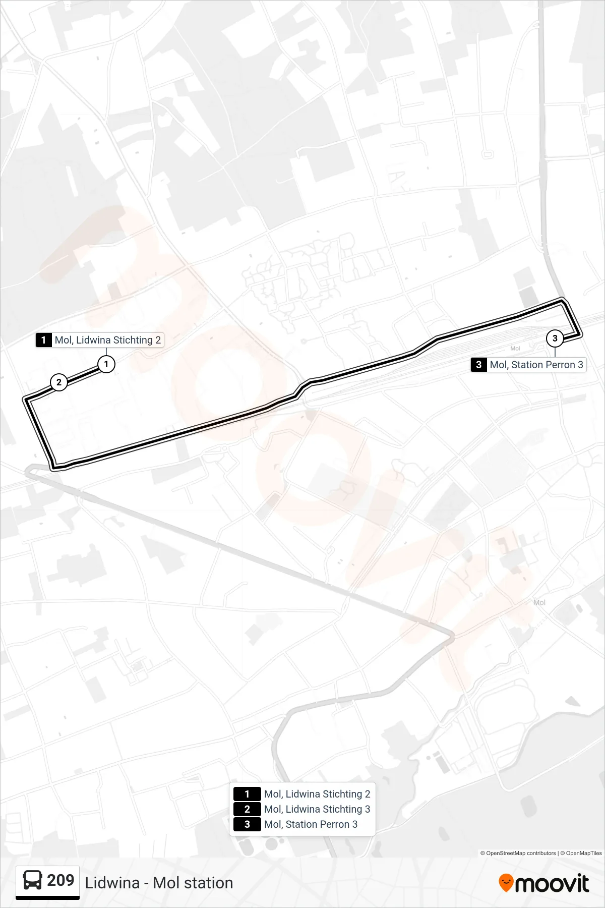 Lijn 209 (bus, Mol Station Perron 3): route en haltes op de kaart
