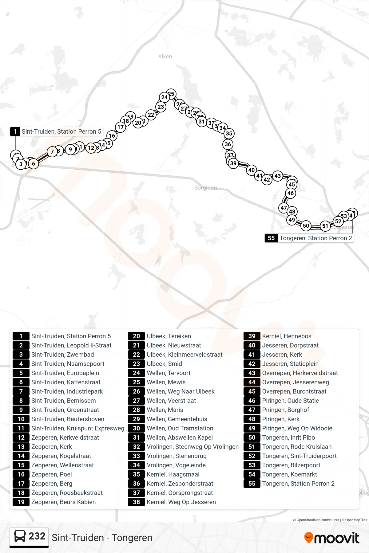 Lijn 232 (bus, Tongeren Station Perron 2): route en haltes op de kaart
