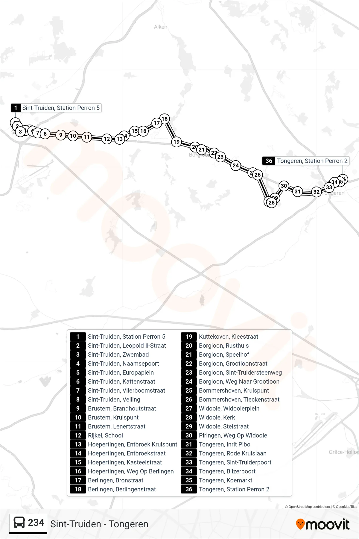 Lijn 234 (bus, Tongeren Station Perron 2): route en haltes op de kaart