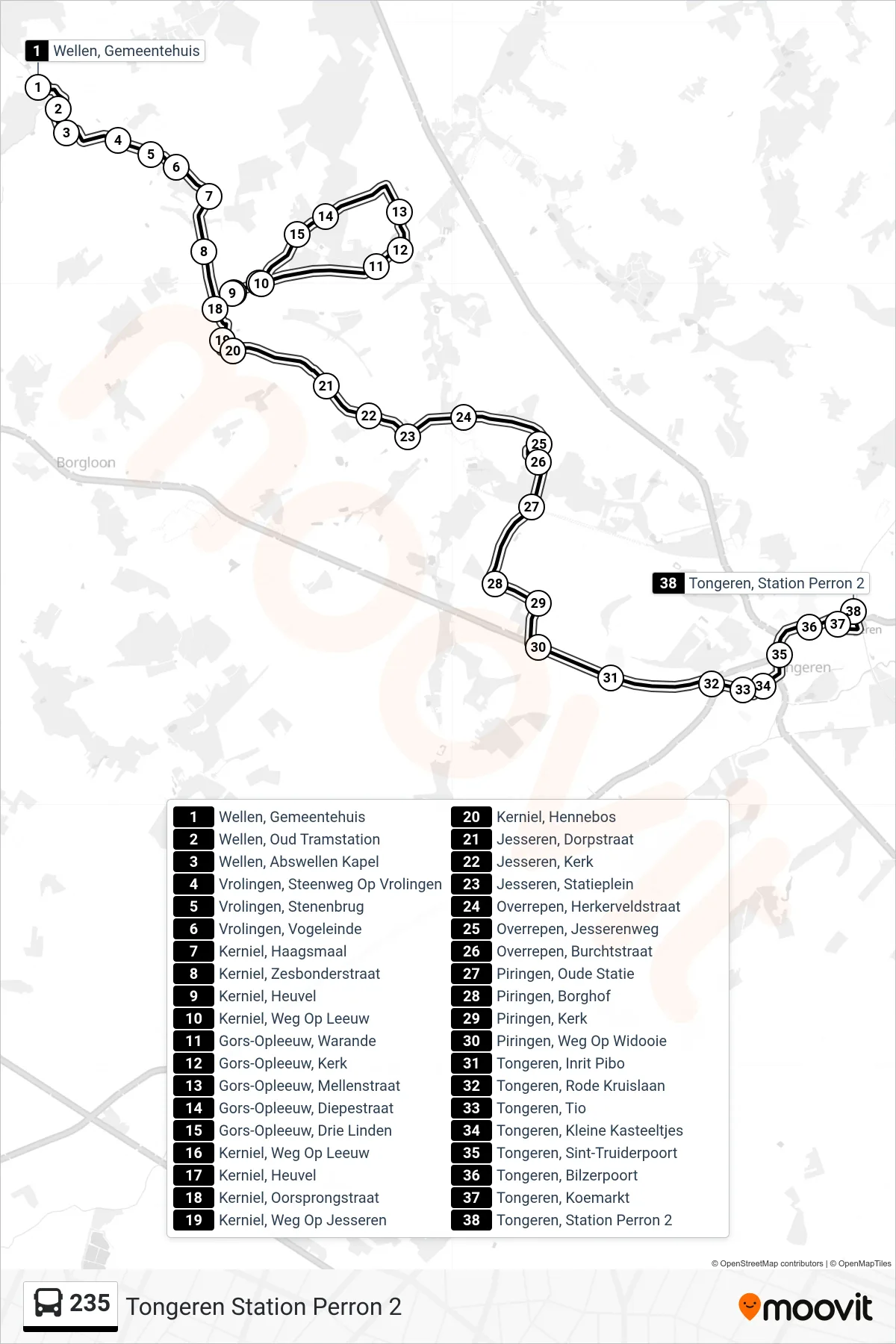 Lijn 235 (bus, Tongeren Station Perron 2): route en haltes op de kaart
