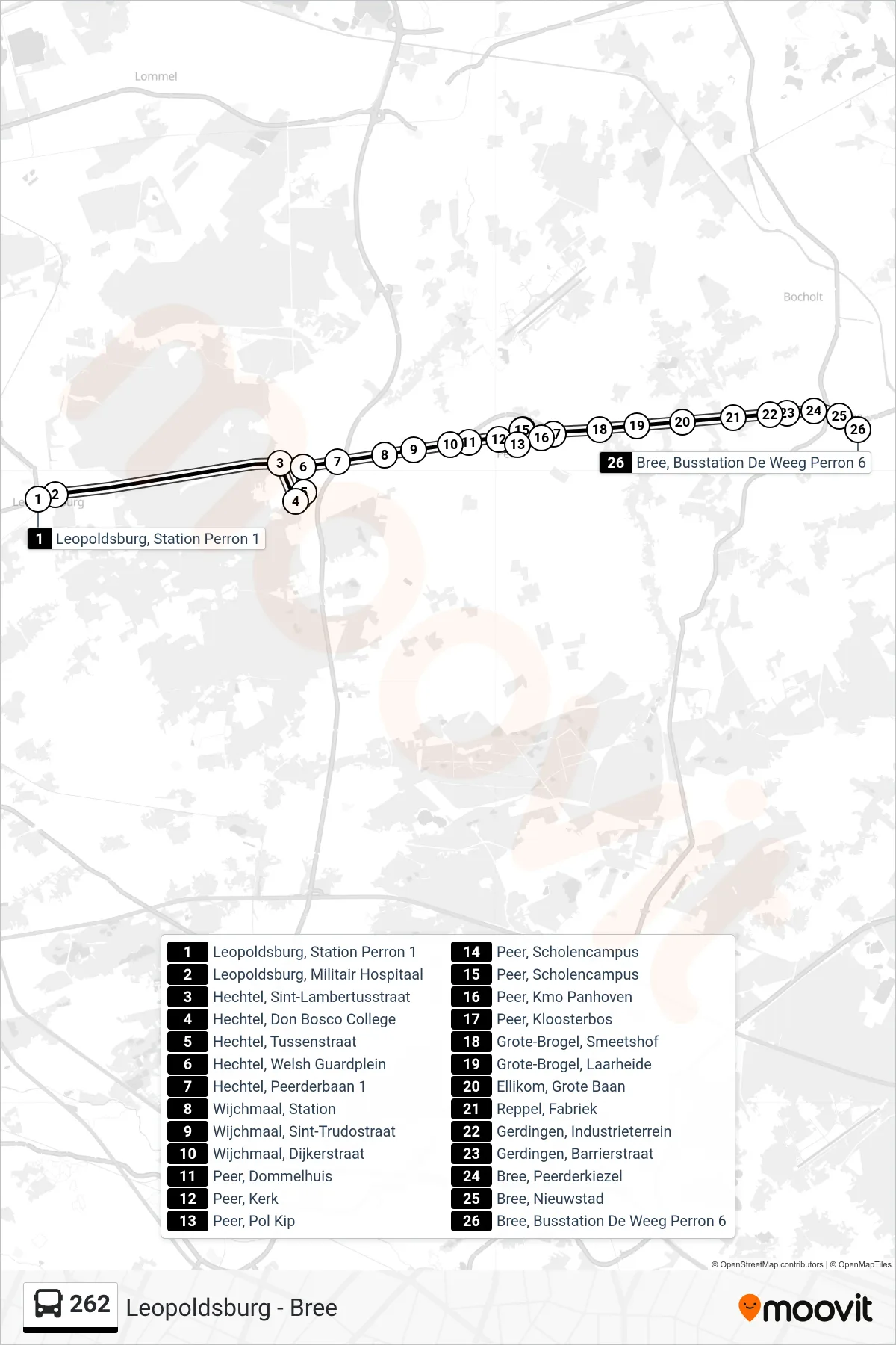Lijn 262 (bus, Bree Busstation De Weeg Perron 6): route en haltes op de kaart