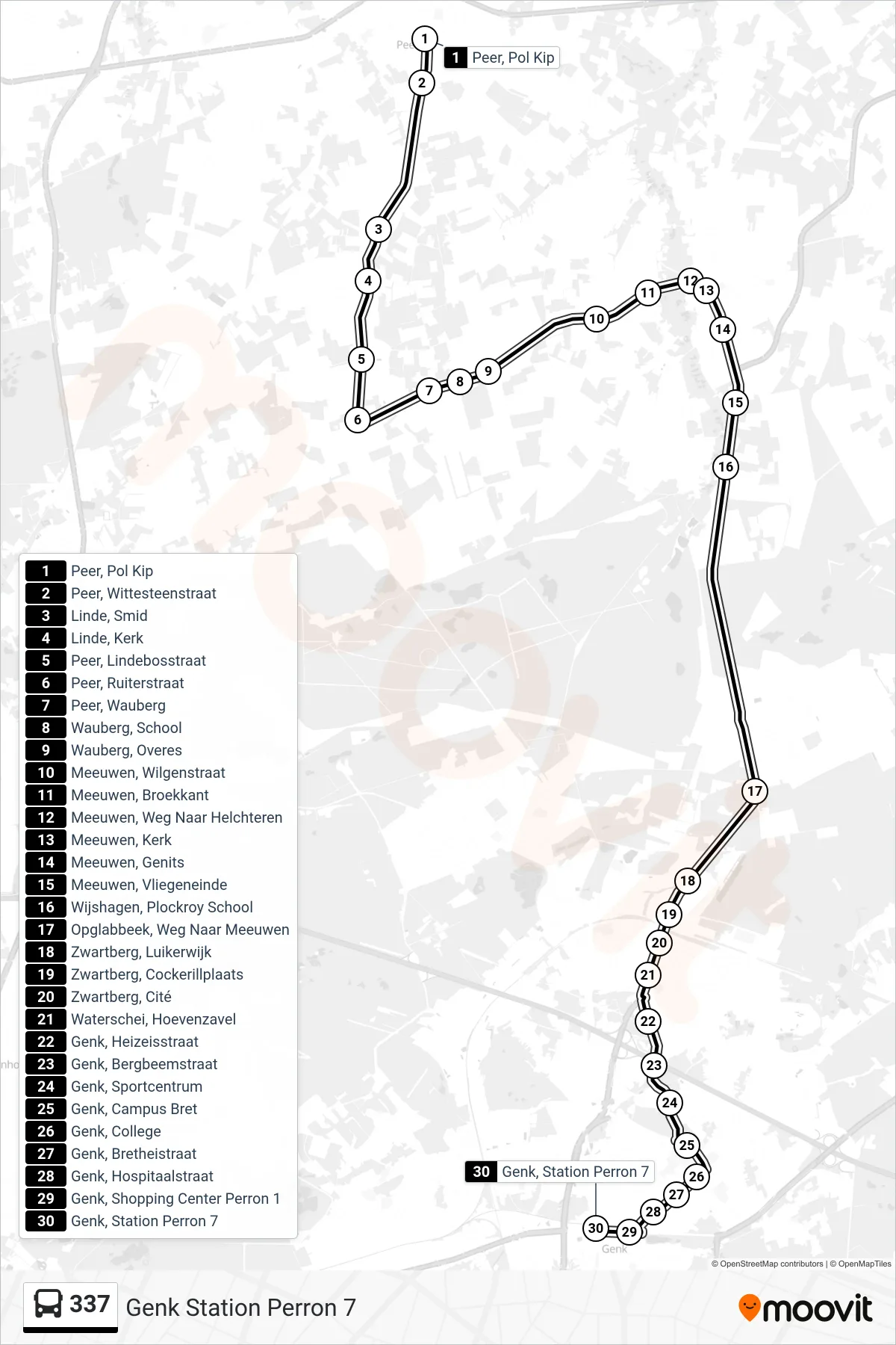 Lijn 337 (bus, Genk Station Perron 7): route en haltes op de kaart