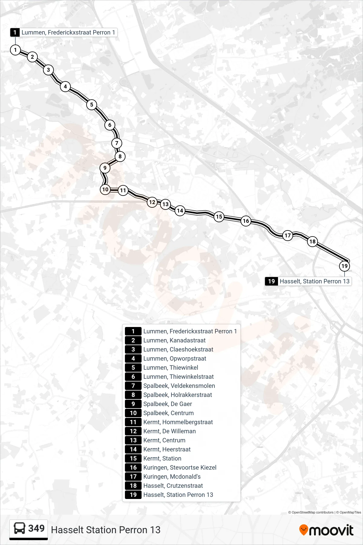 Lijn 349 (bus, Hasselt Station Perron 13): route en haltes op de kaart