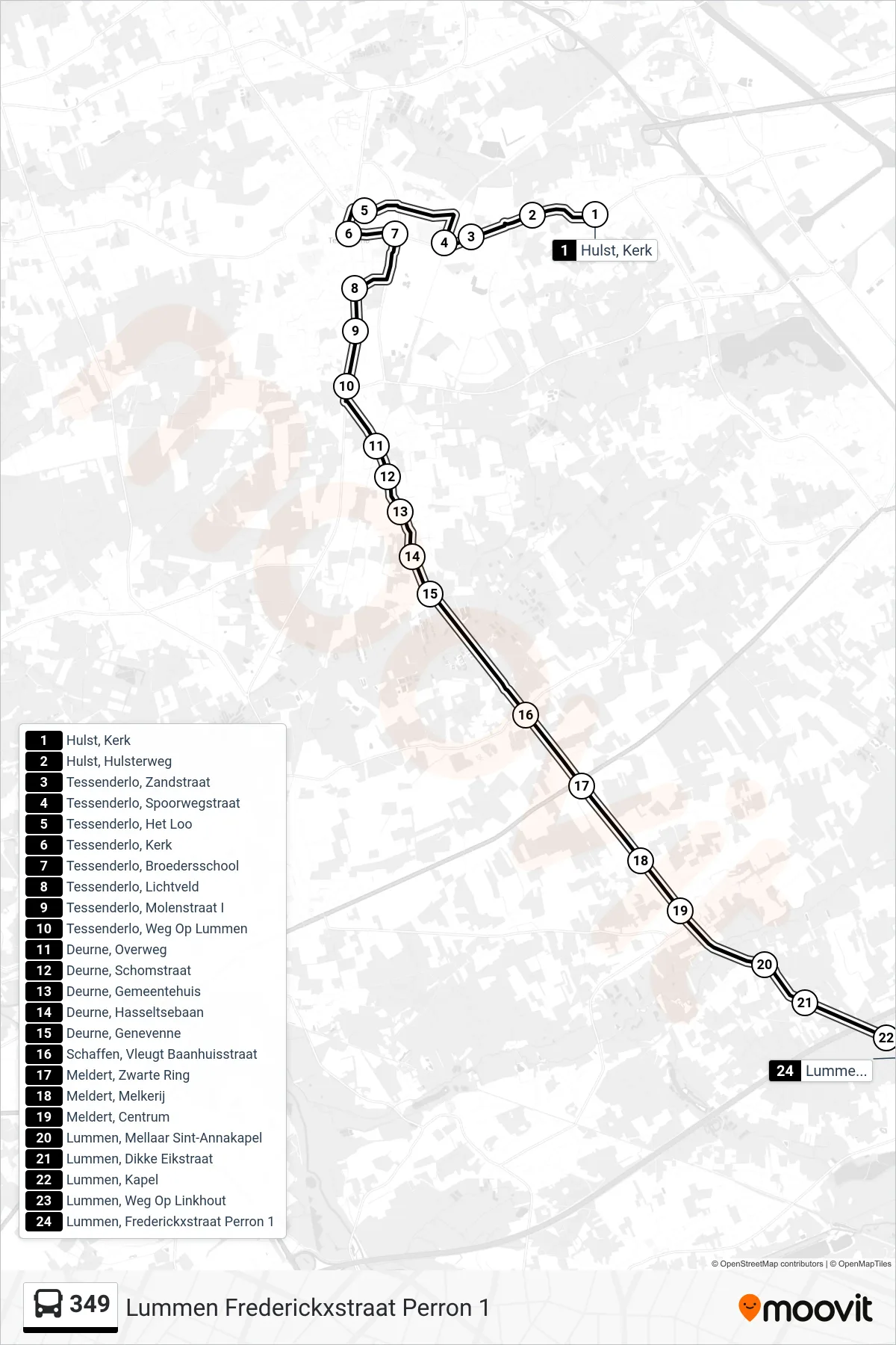 Lijn 349 (bus, Lummen Frederickxstraat Perron 1): route en haltes op de kaart