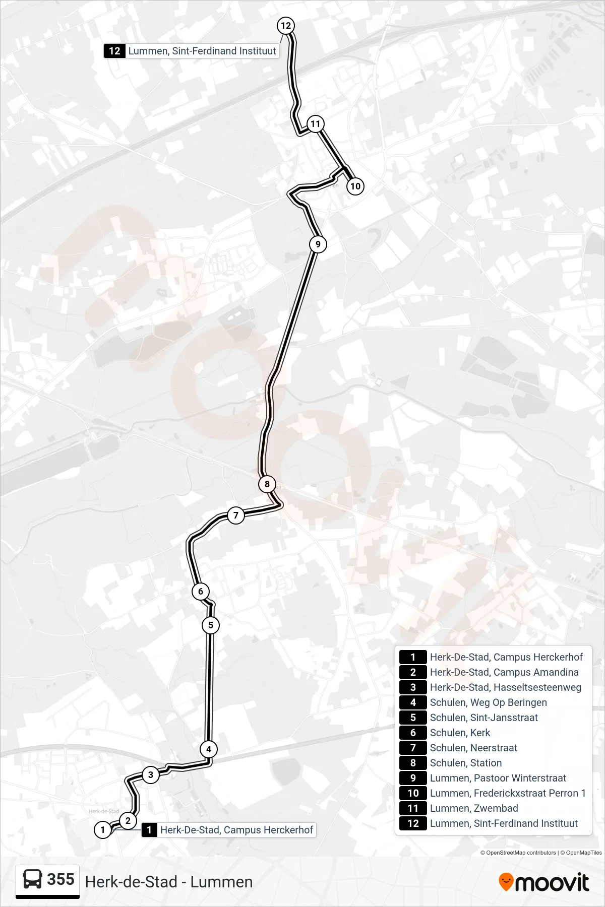 Lijn 355 (bus, Lummen Sint-Ferdinand Instituut): route en haltes op de kaart