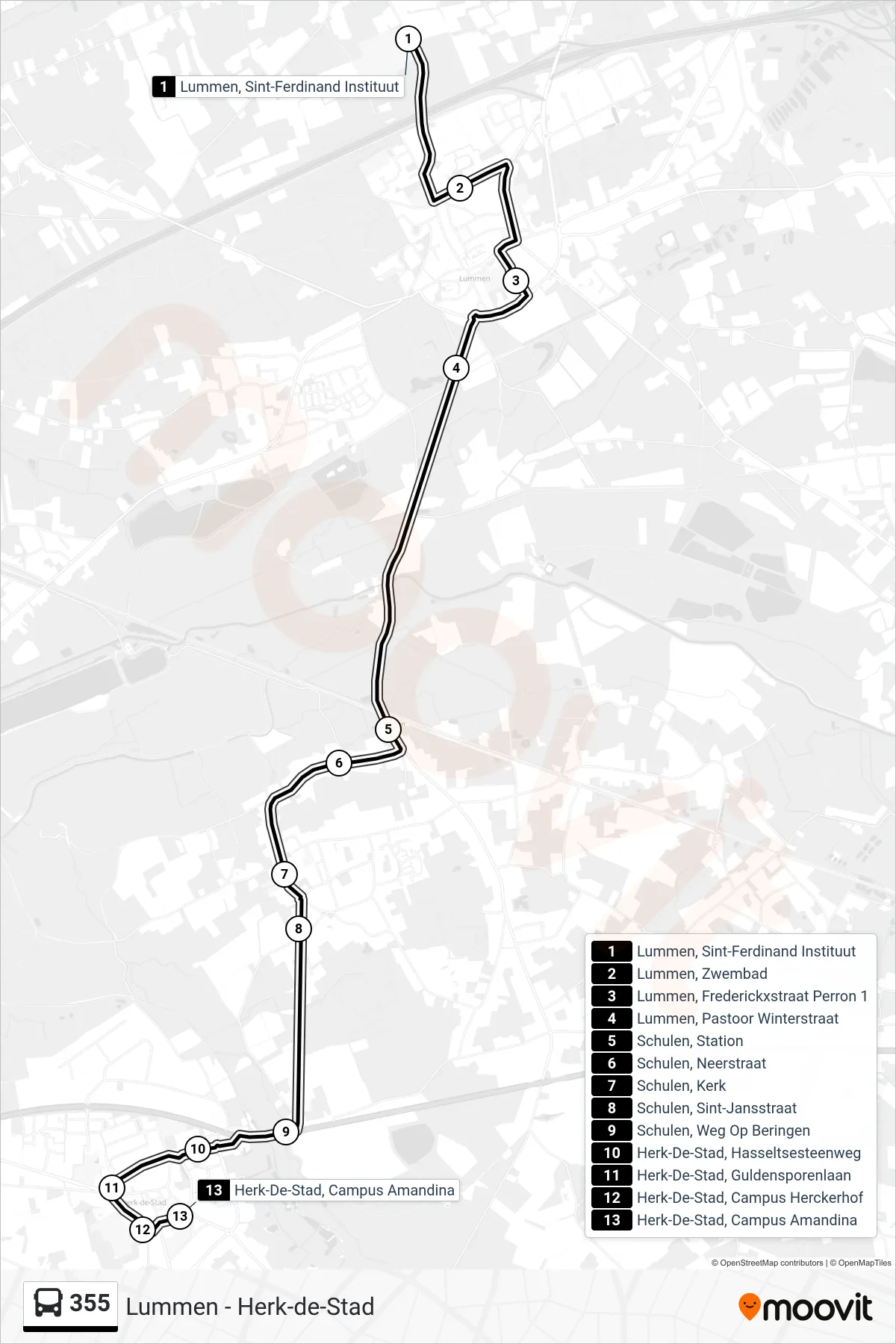 Lijn 355 (bus, Herk-De-Stad Campus Amandina): route en haltes op de kaart