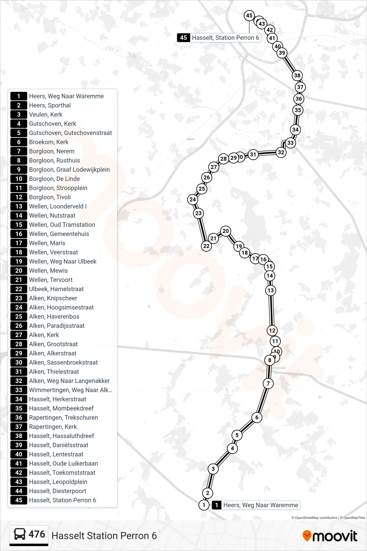 Lijn 476 (bus, Hasselt Station Perron 6): route en haltes op de kaart