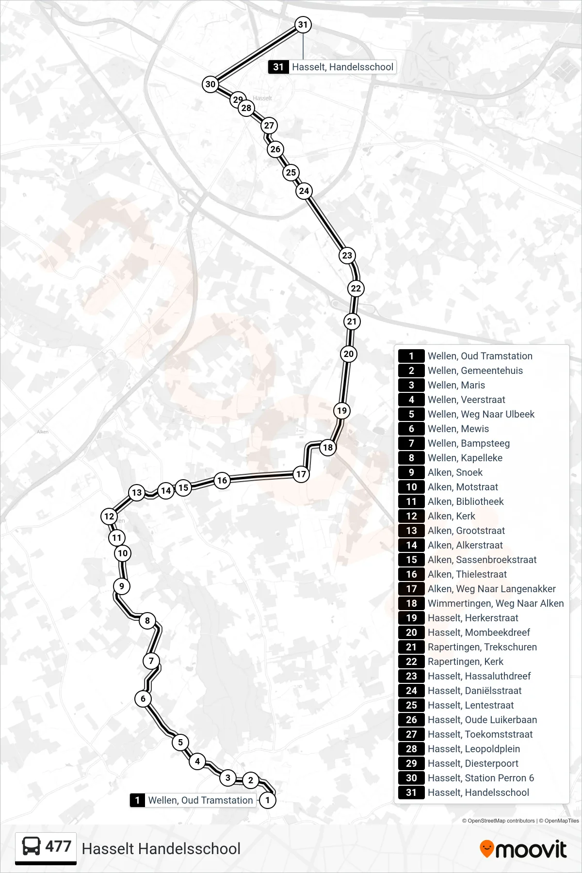 Lijn 477 (bus, Hasselt Handelsschool): route en haltes op de kaart