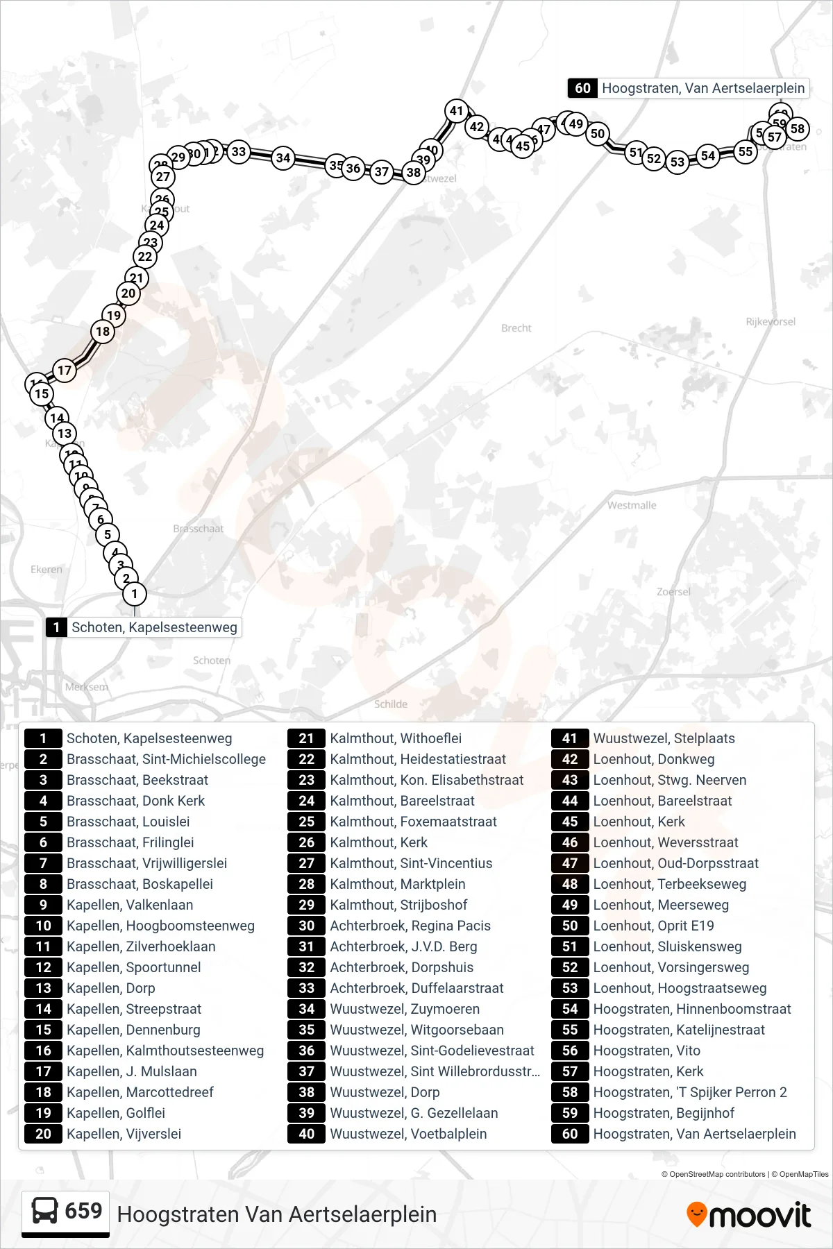 Lijn 659 (bus, Hoogstraten Van Aertselaerplein): route en haltes op de kaart