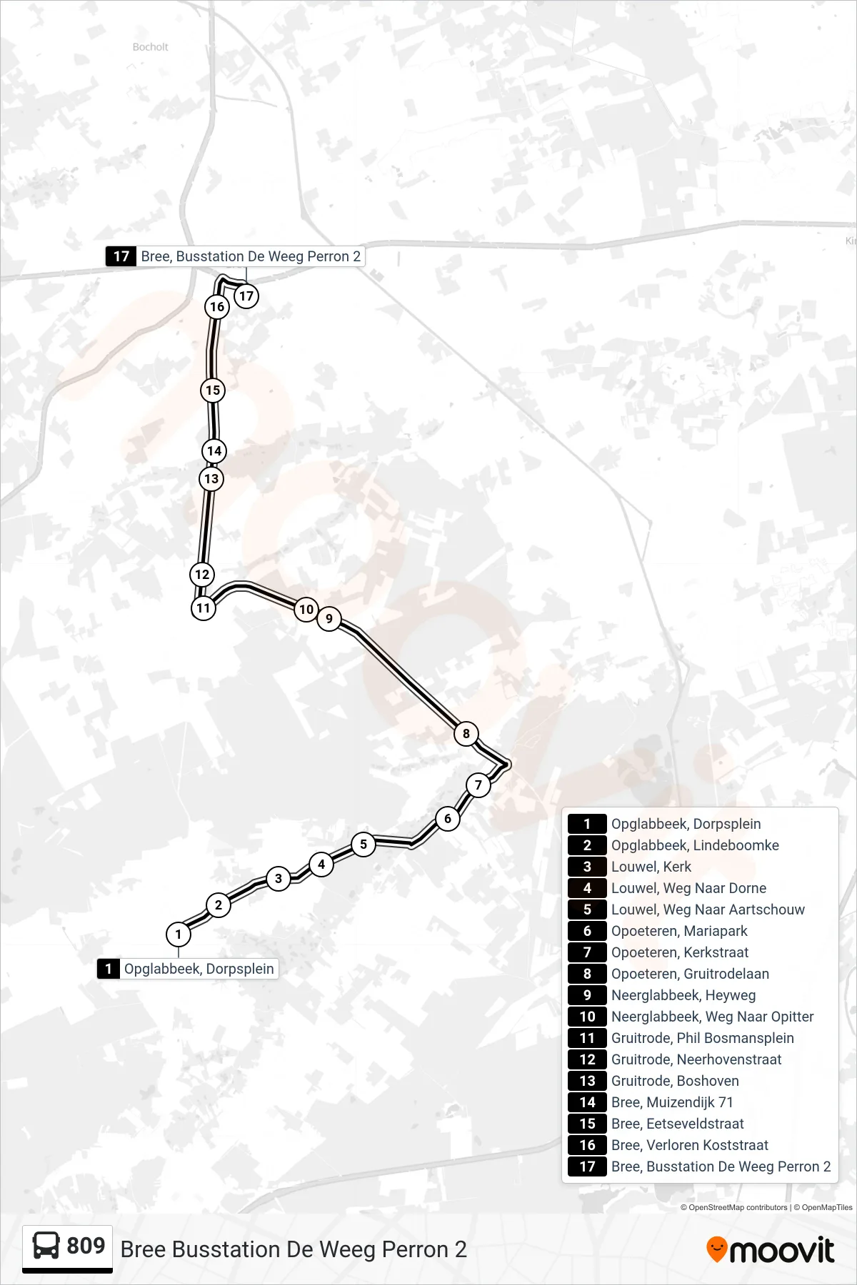 Lijn 809 (bus, Bree Busstation De Weeg Perron 2): route en haltes op de kaart