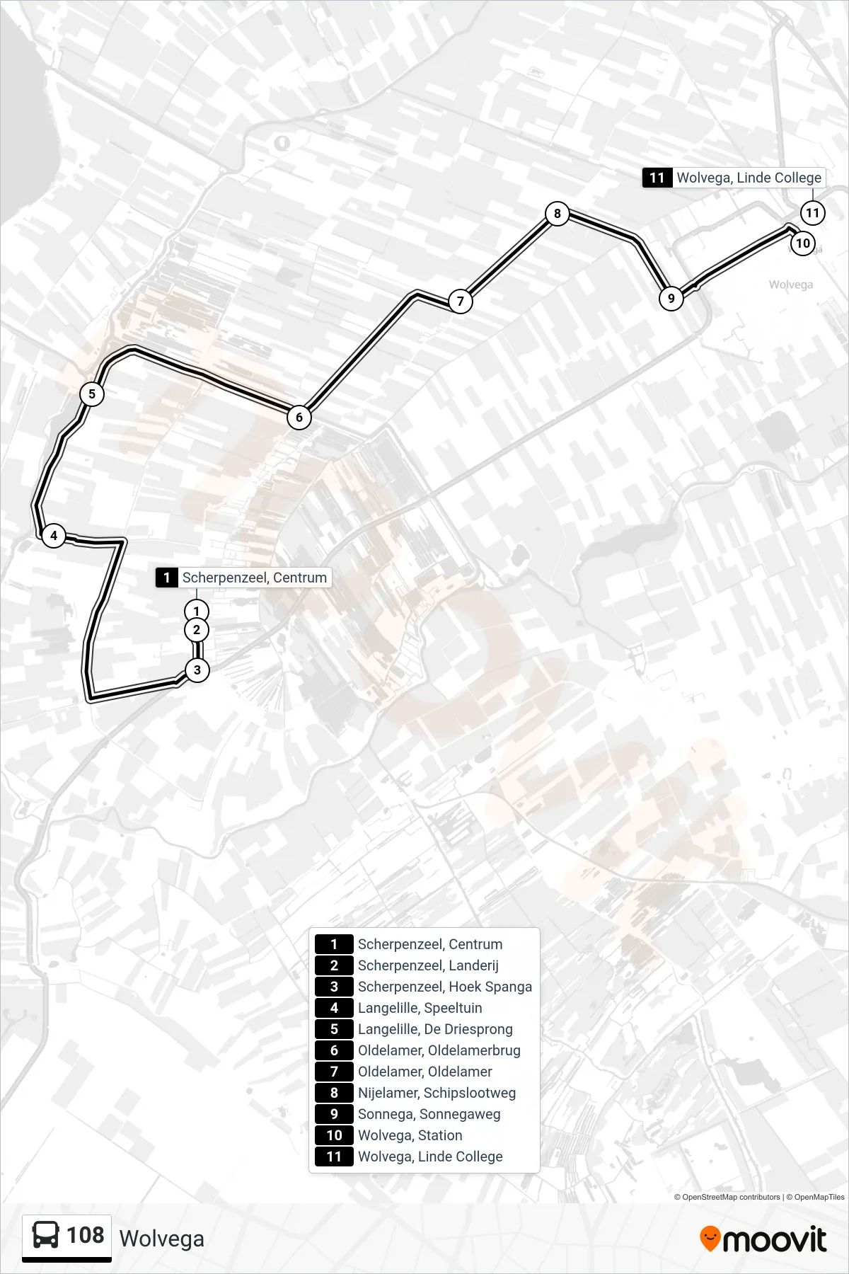 Lijn 108 (bus, Wolvega): route en haltes op de kaart