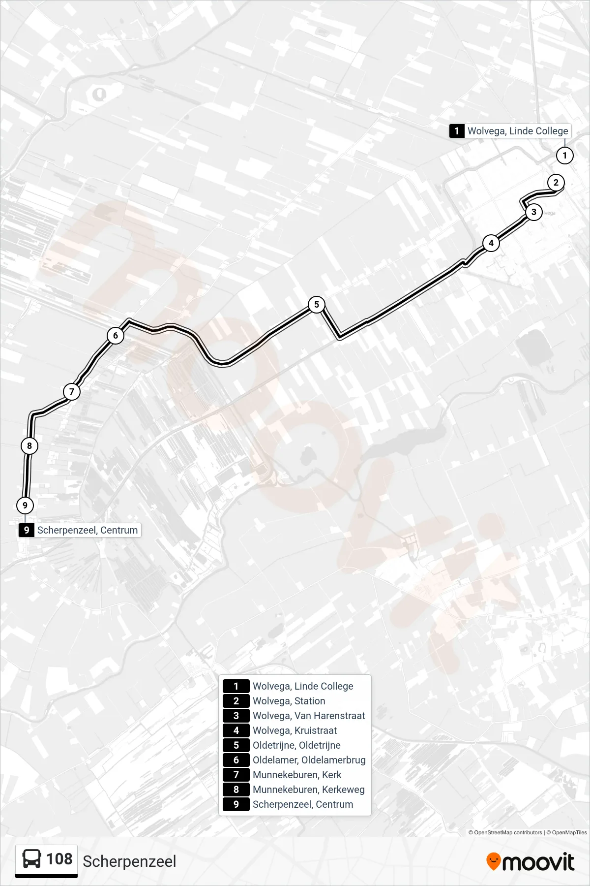 Lijn 108 (bus, Scherpenzeel): route en haltes op de kaart