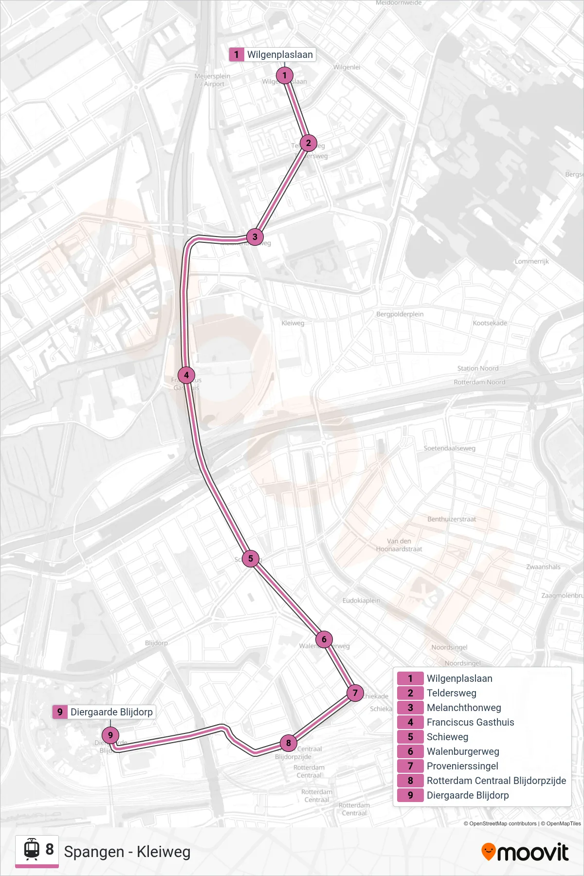 Lijn 8 (tram, Spangen): route en haltes op de kaart