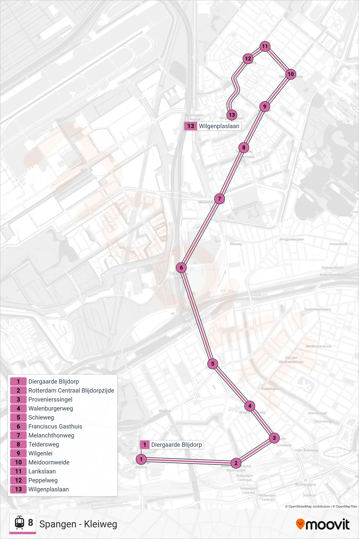 Lijn 8 (tram, Kleiweg): route en haltes op de kaart