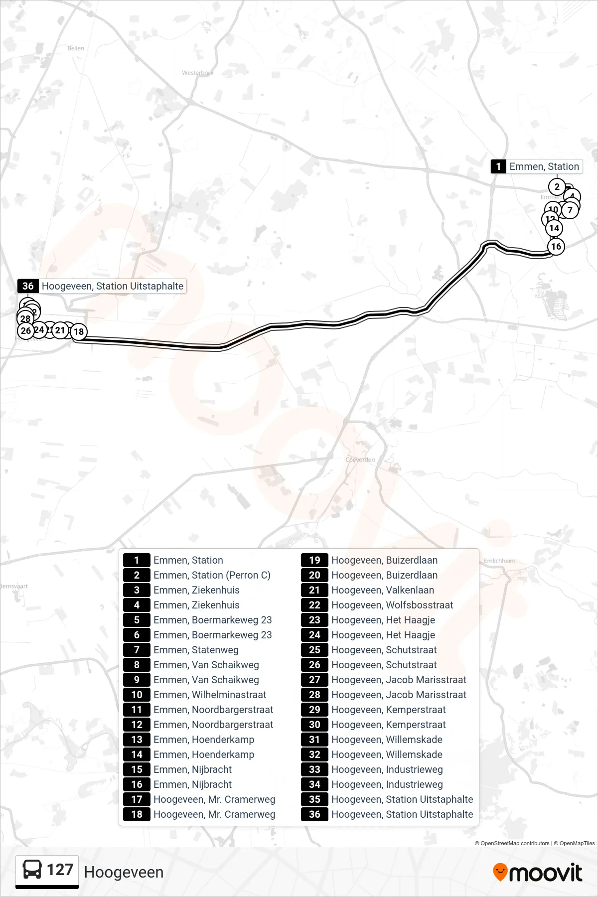 Lijn 127 (bus, Hoogeveen): route en haltes op de kaart