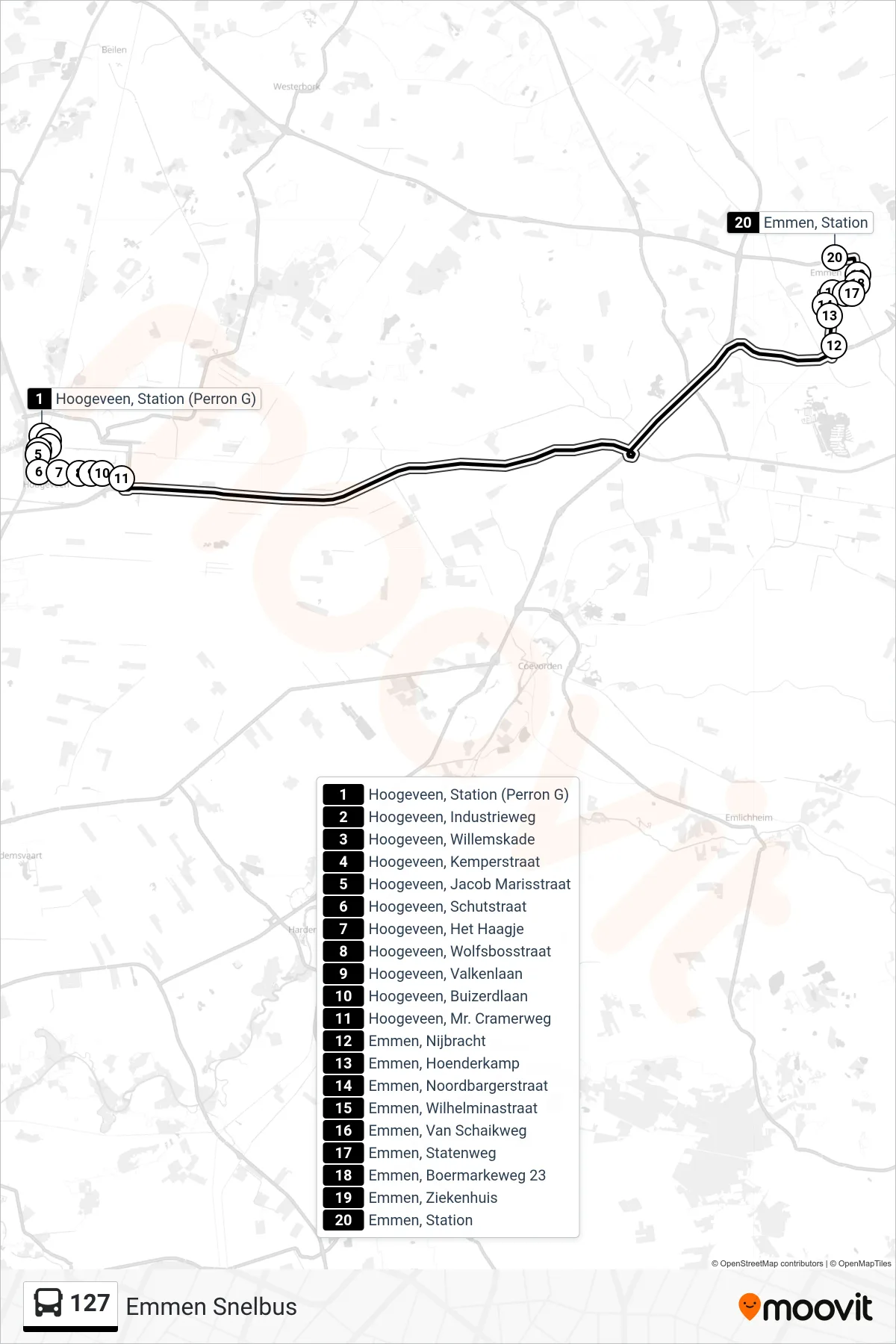 127 bus Line (Emmen Snelbus) route and stops on a map