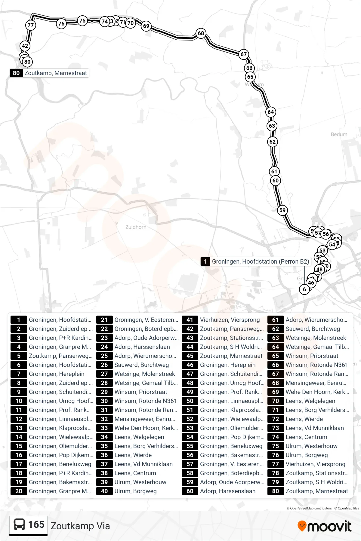 Lijn 165 (bus, Zoutkamp Via): route en haltes op de kaart
