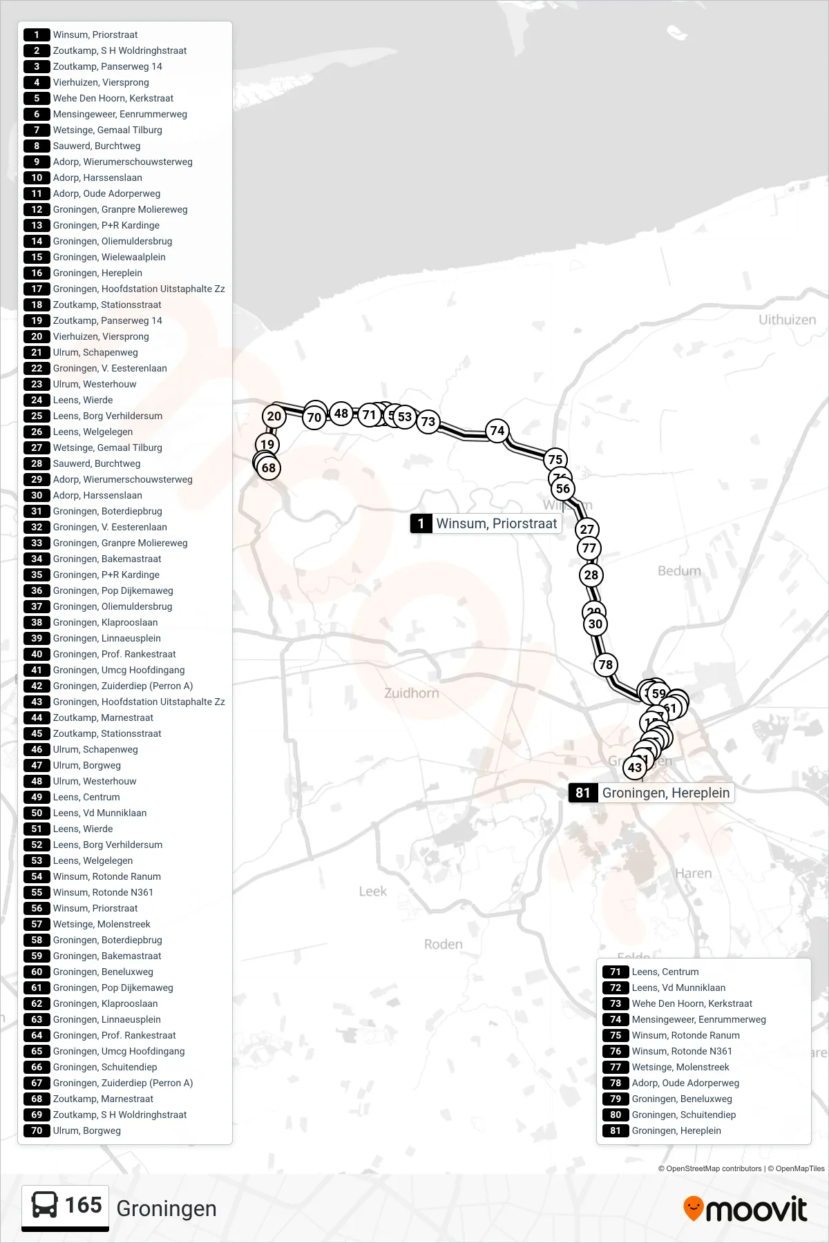 Lijn 165 (bus, Groningen): route en haltes op de kaart