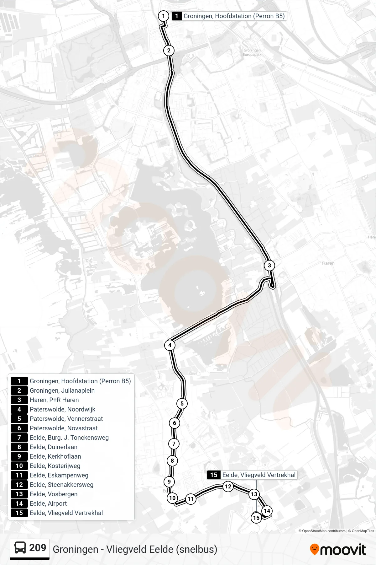 Lijn 209 (bus, Eelde Luchthaven): route en haltes op de kaart