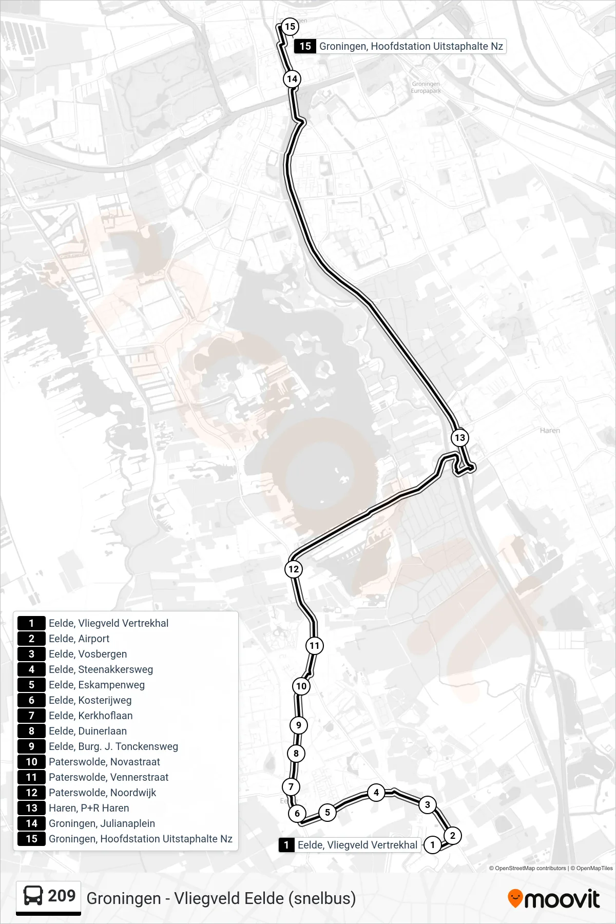 Lijn 209 (bus, Groningen): route en haltes op de kaart