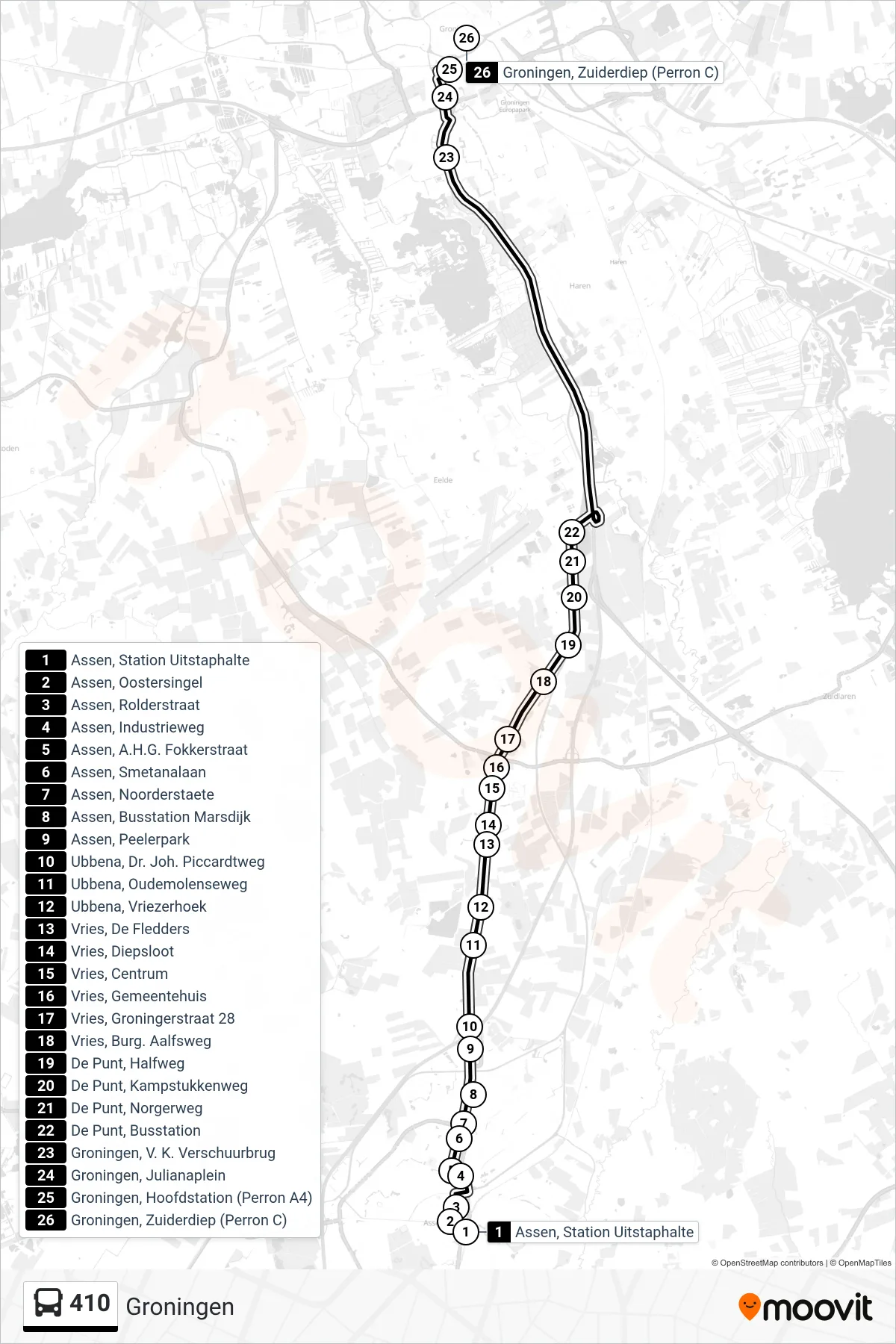 Lijn 410 (bus, Groningen): route en haltes op de kaart