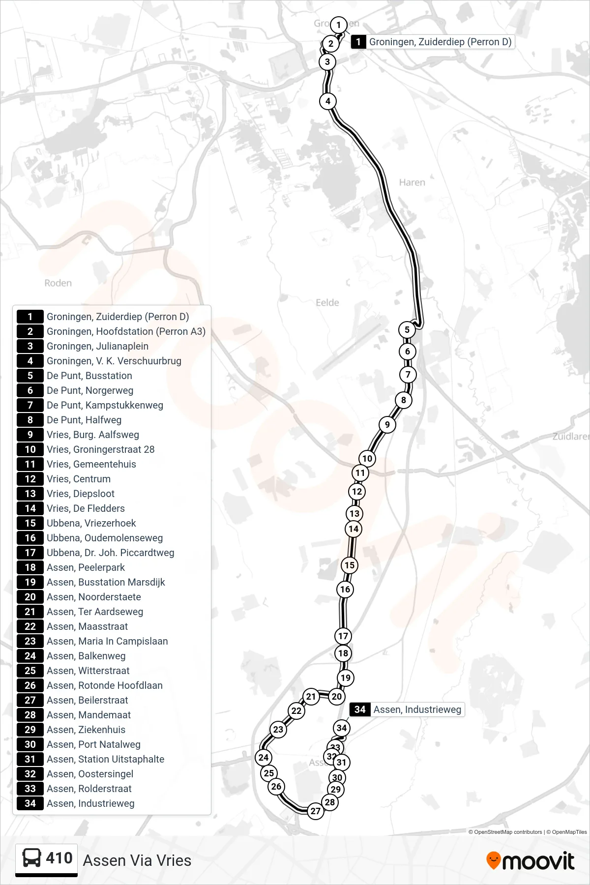 Lijn 410 (bus, Assen Via Vries): route en haltes op de kaart