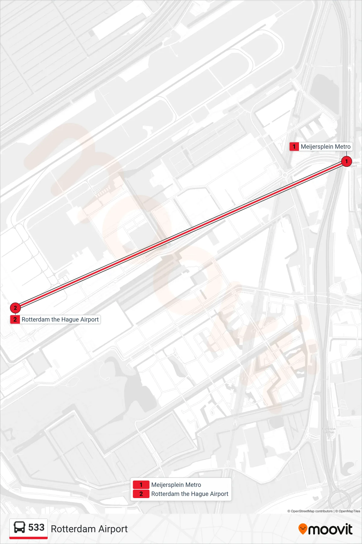 Lijn 533 (bus, Rotterdam Airport): route en haltes op de kaart