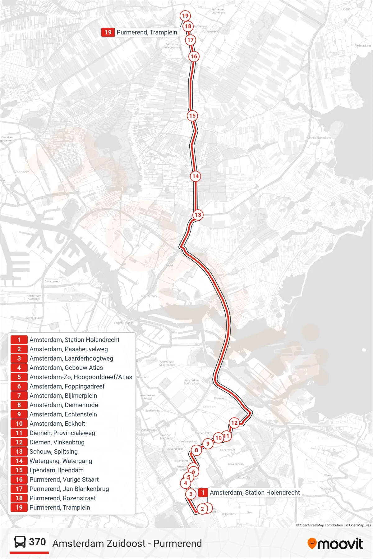 Lijn 370 (bus, Purmerend): route en haltes op de kaart