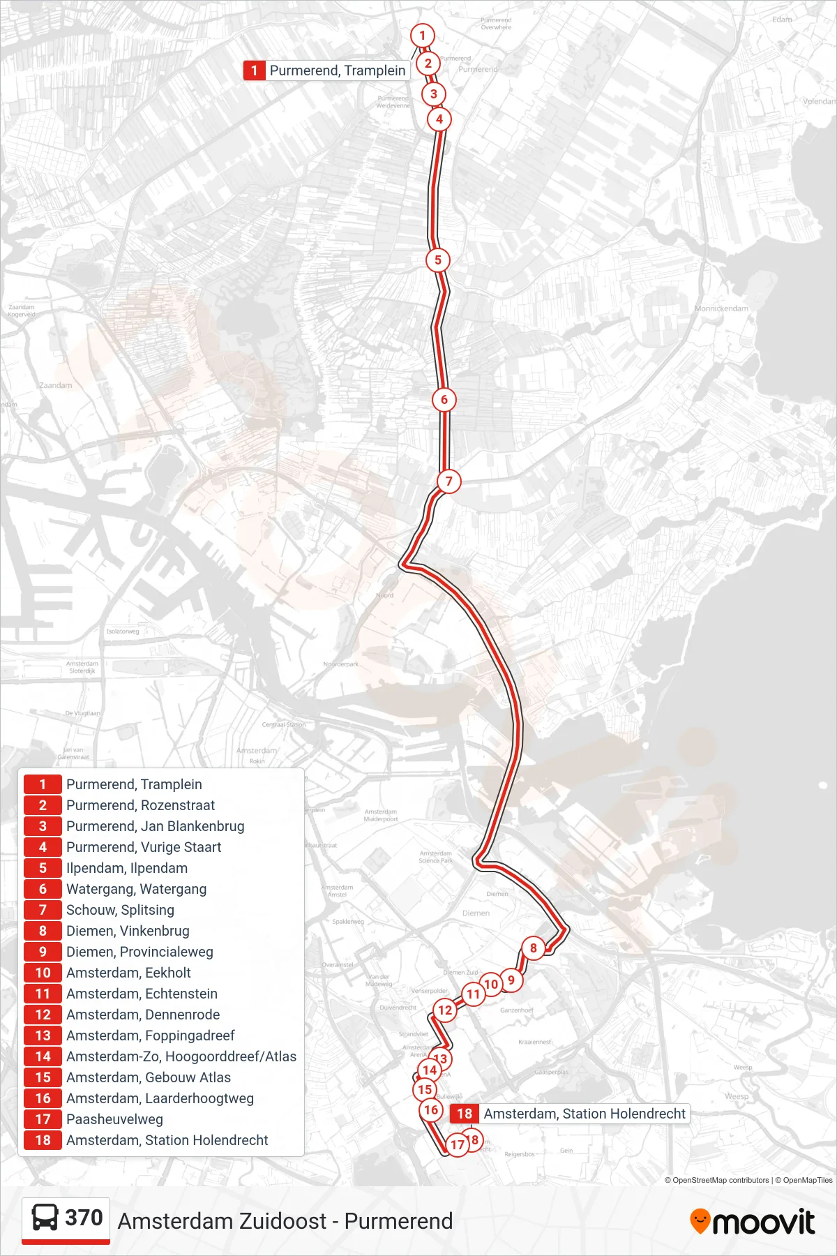 Lijn 370 (bus, Amsterdam Zuidoost): route en haltes op de kaart